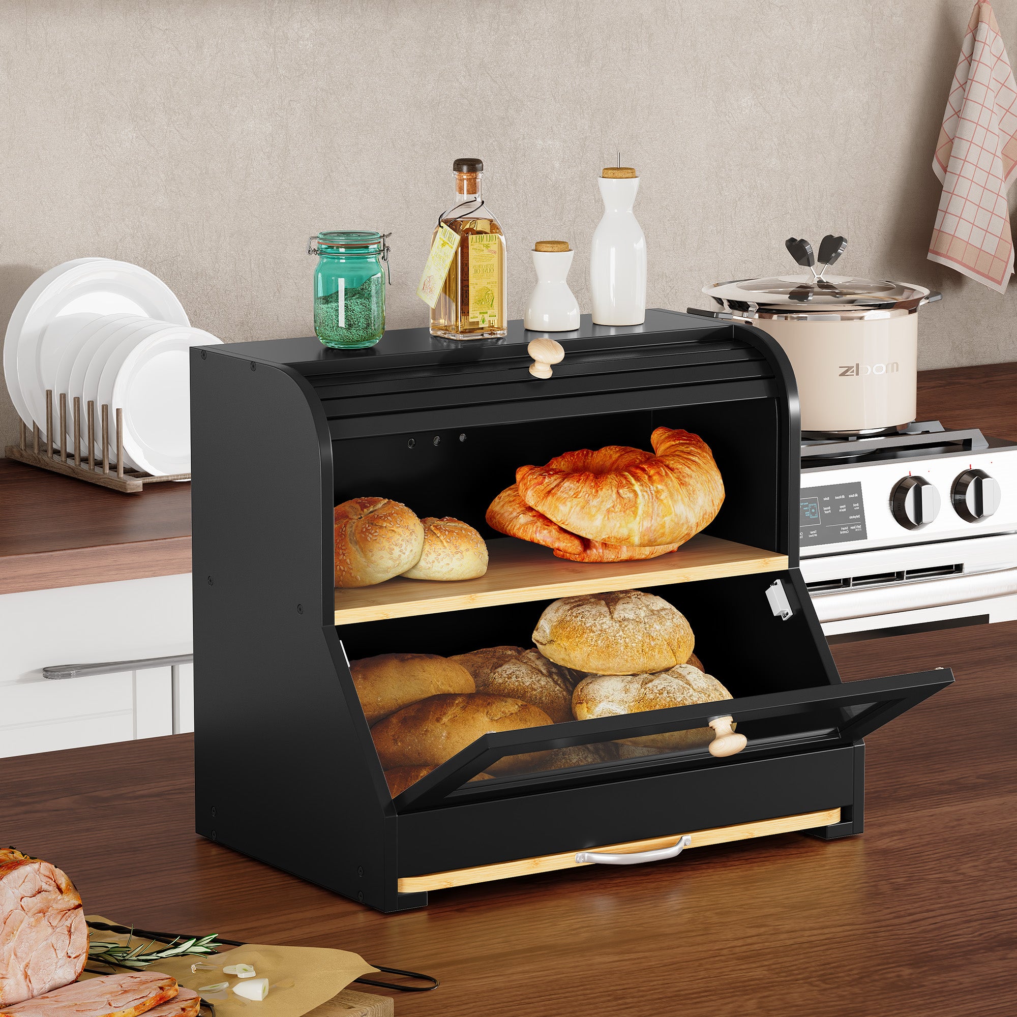 HLR Natural Bamboo Bread Box Kitchen Countertop with Cutting Board and Roll Top, Black 2-Tier Large Wood Bread Bin