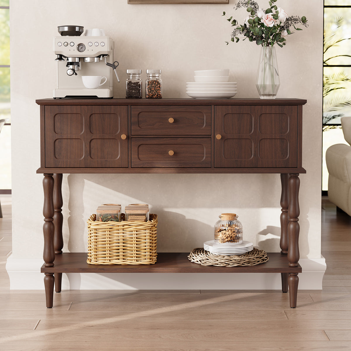 HLR Modern 42.1" Consoles Table, Entryway Table with Storage Shelf Quick Assembly for Living Room, Brown