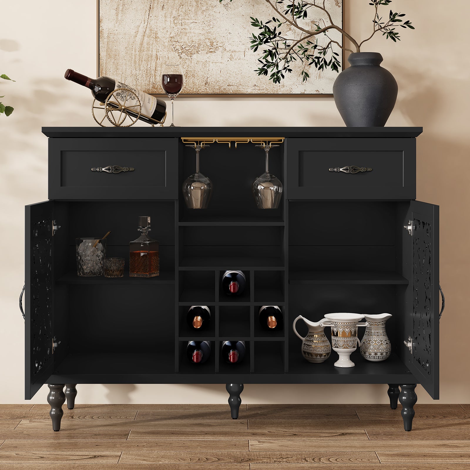 HLR 47.2" Wine Bar Cabinet, Retro Sideboard Buffet Coffee Bar with Storage for Living Room, Black