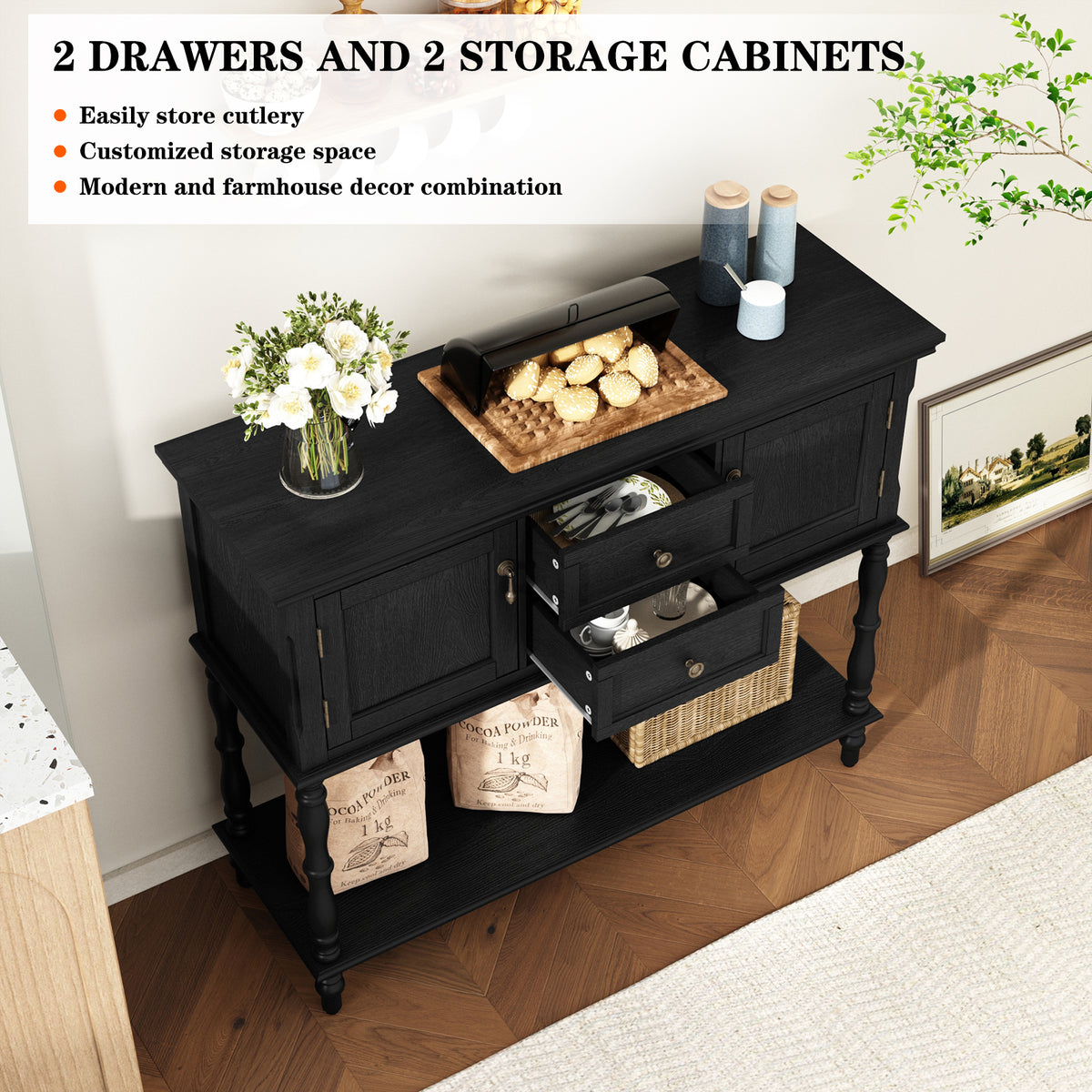 HLR 42" Farmhouse Modern Console Table, Entryway Table with Storage Shelf for Living Room, Black