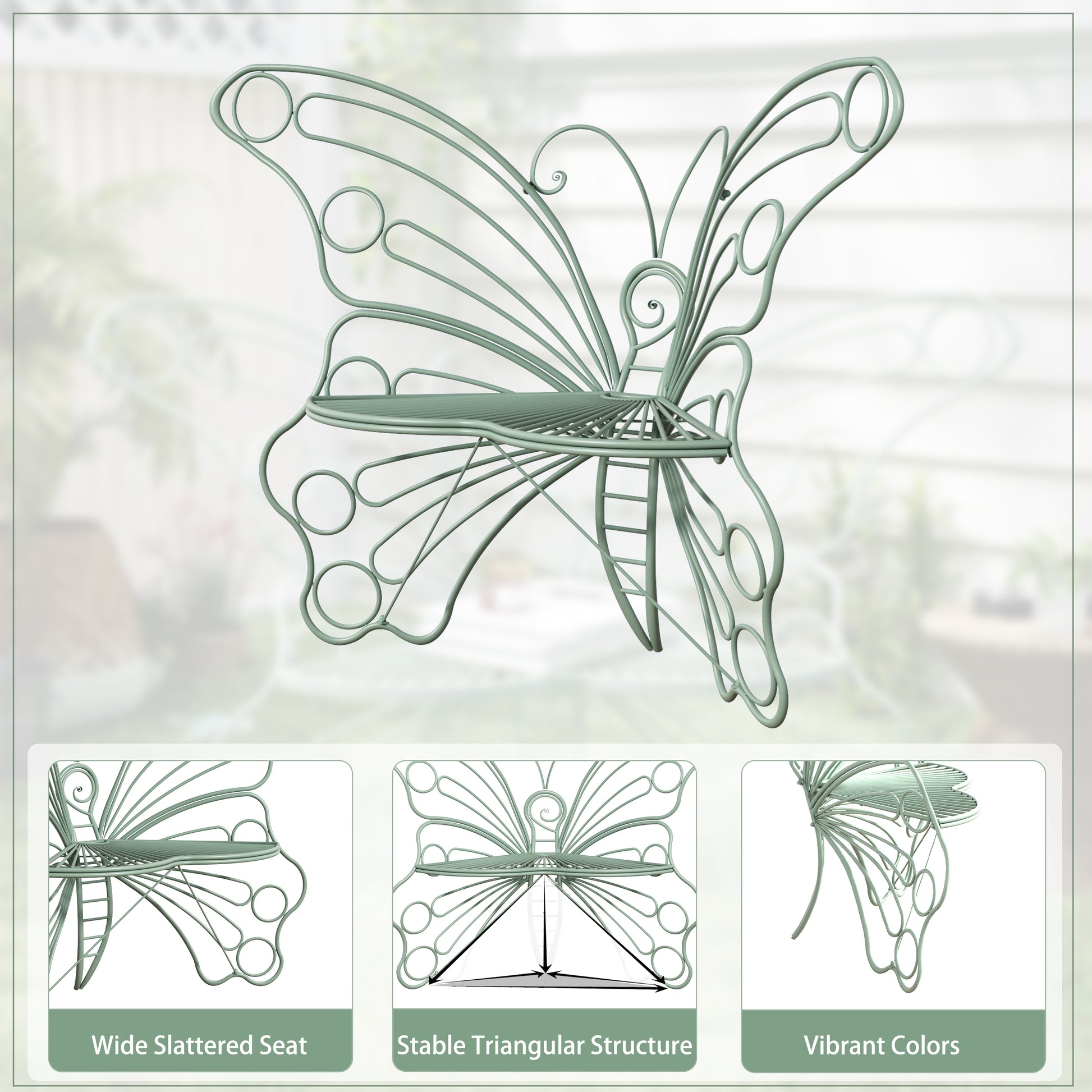 CBJCBJ 50" Weatherproof Outdoor Patio Bench，Metal Butterfly Design for Garden and Lawn Porch， Green