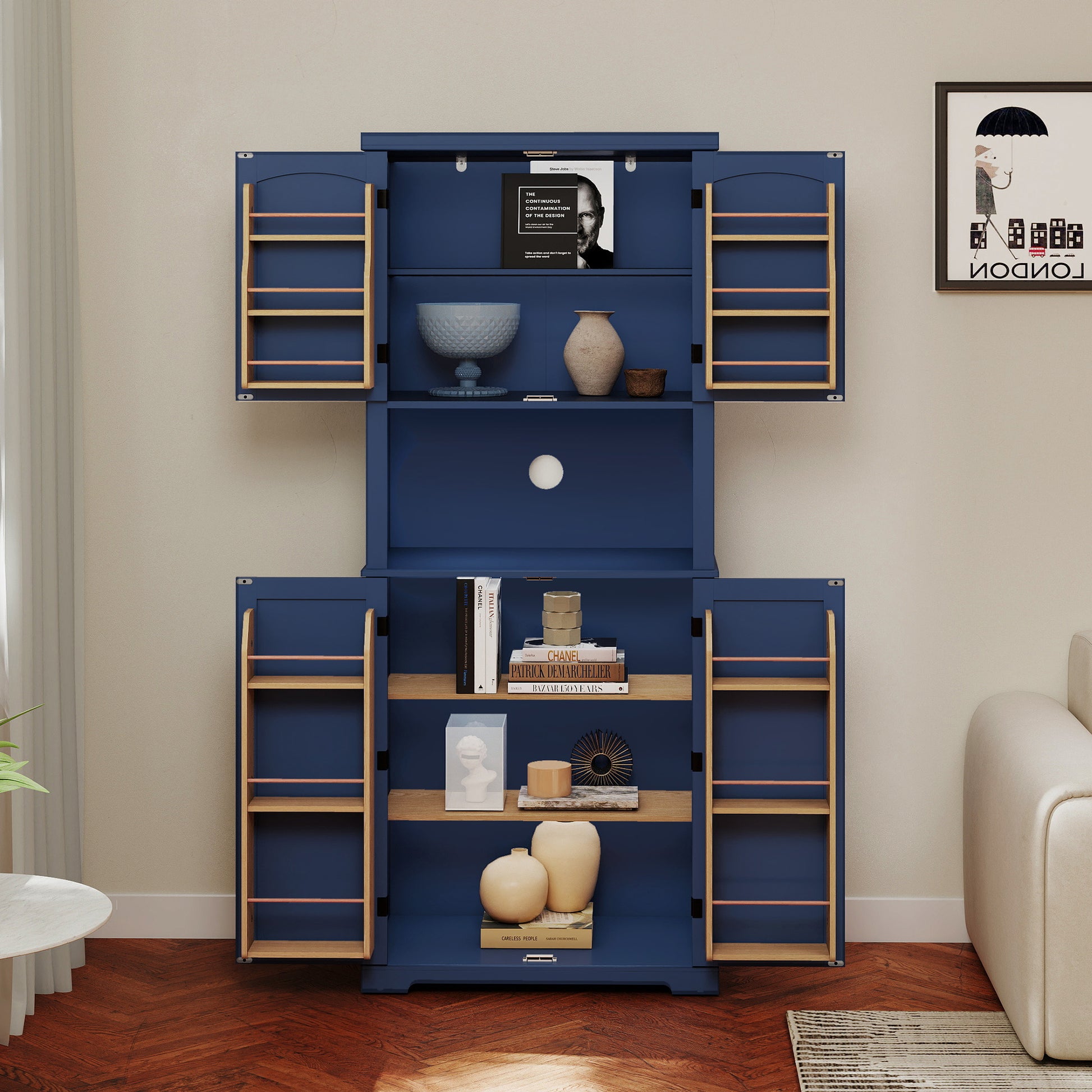 HLR 72" Kitchen Pantry Cabinet, Freestanding Pantry Storage Cabinet with Hutch & Shelves, Navy Blue