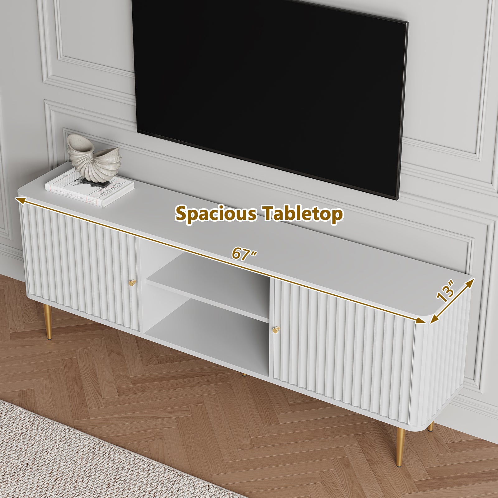 CBJCBJ Modern Fluted 67" TV Stand for 75inch TV with Storage, Entertainment Center for Living Room,White