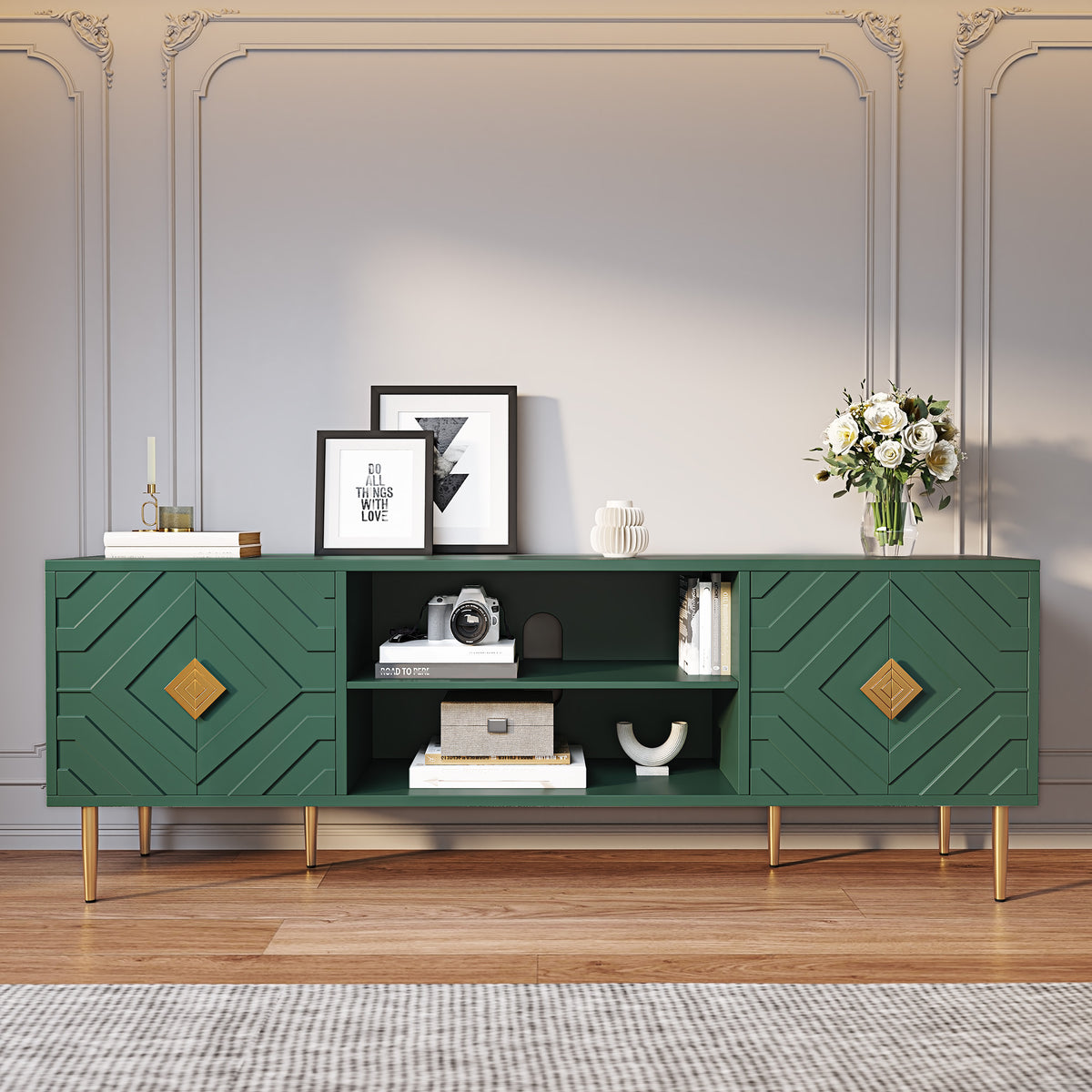 HLR Modern 70" TV Stand, for TVs up to 80", Living Room Entertainment Center with 4 Door Storage Cabinet, Green