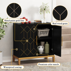 HLR 30.7"W Black Accent Cabinet with 2 Doors, Entryway Cabinet with Gold Trim, Modern Buffet Sideboards