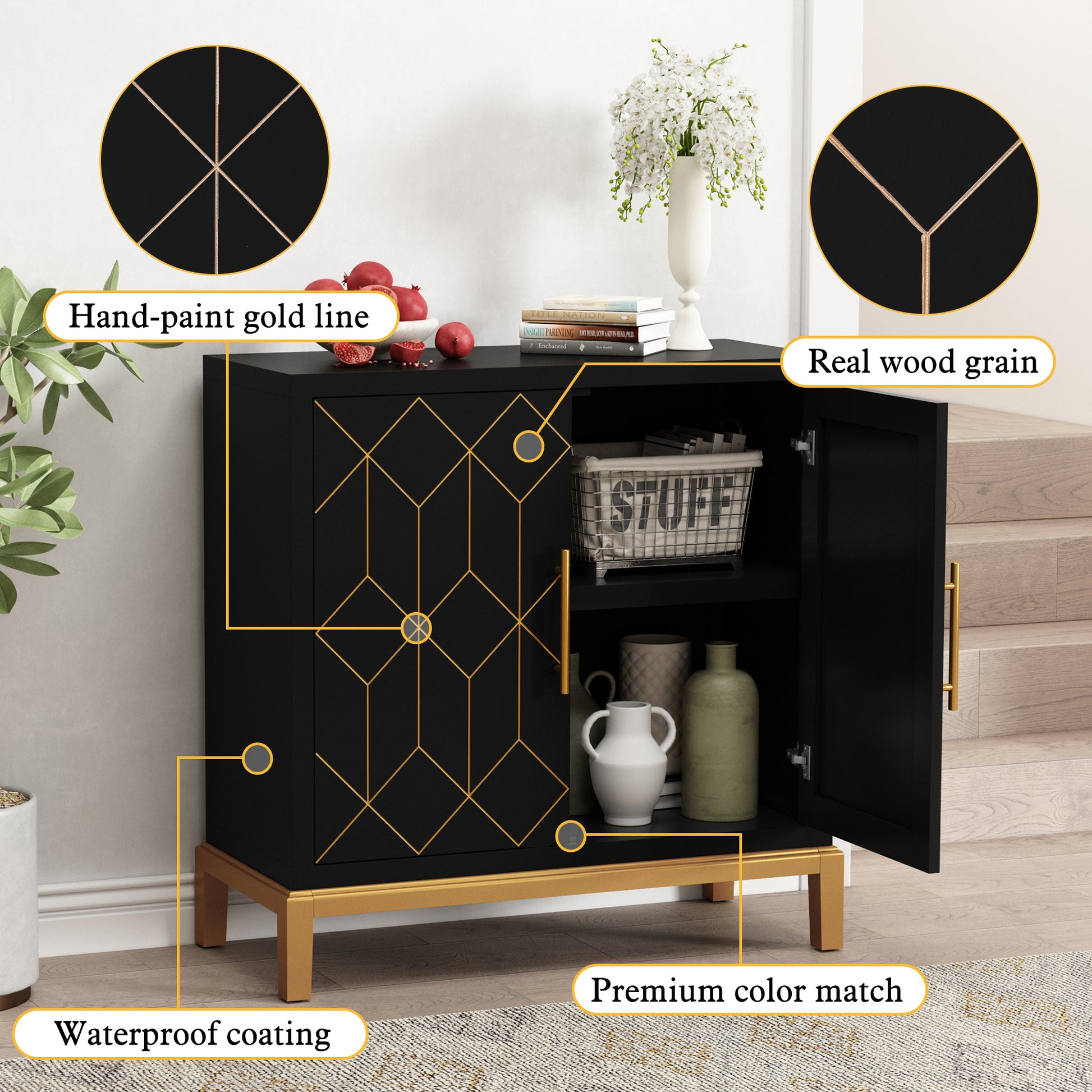 HLR 30.7"W Black Accent Cabinet with 2 Doors, Entryway Cabinet with Gold Trim, Modern Buffet Sideboards