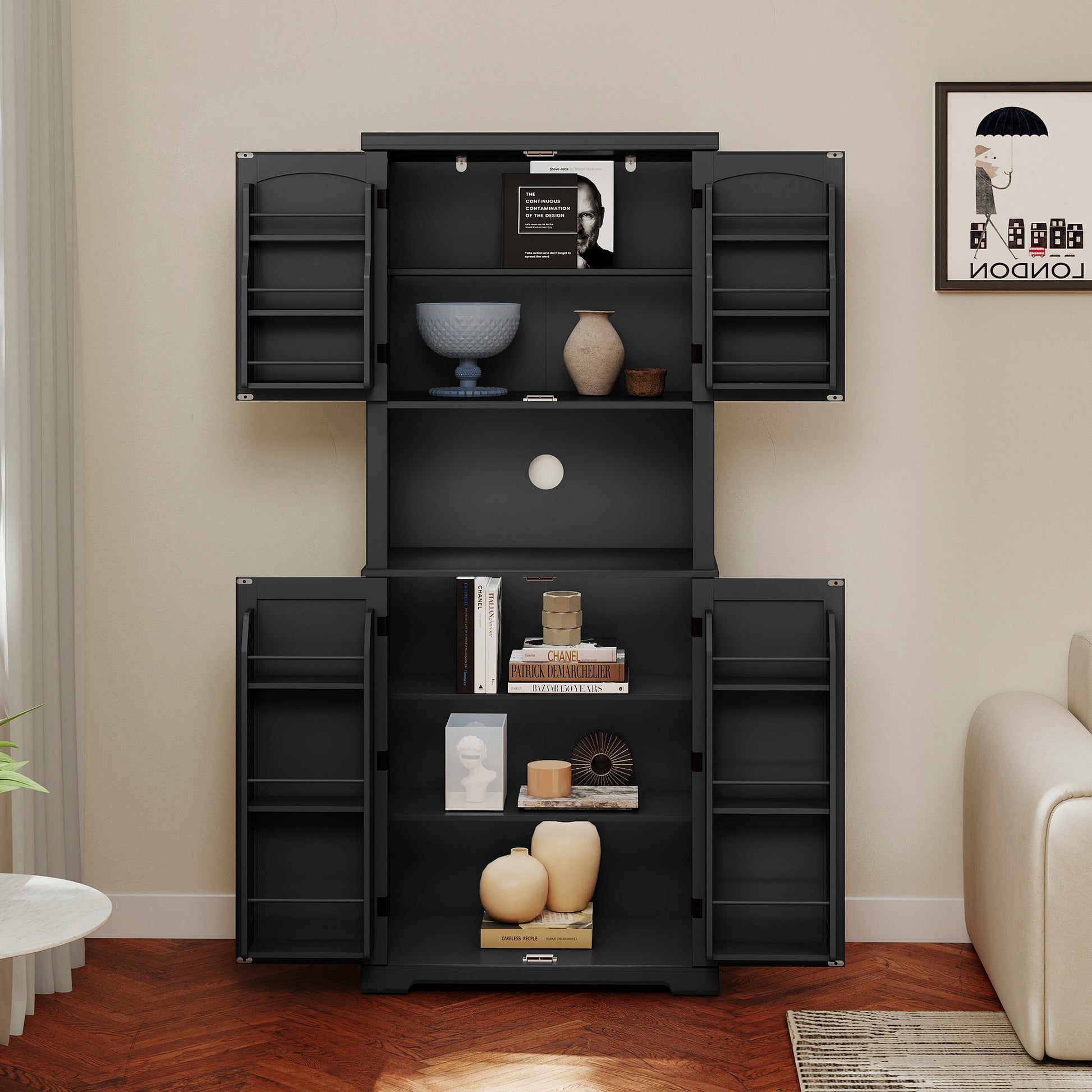 HLR 72" Kitchen Pantry Cabinet, Freestanding Pantry Storage Cabinet with Hutch & Shelves, Black