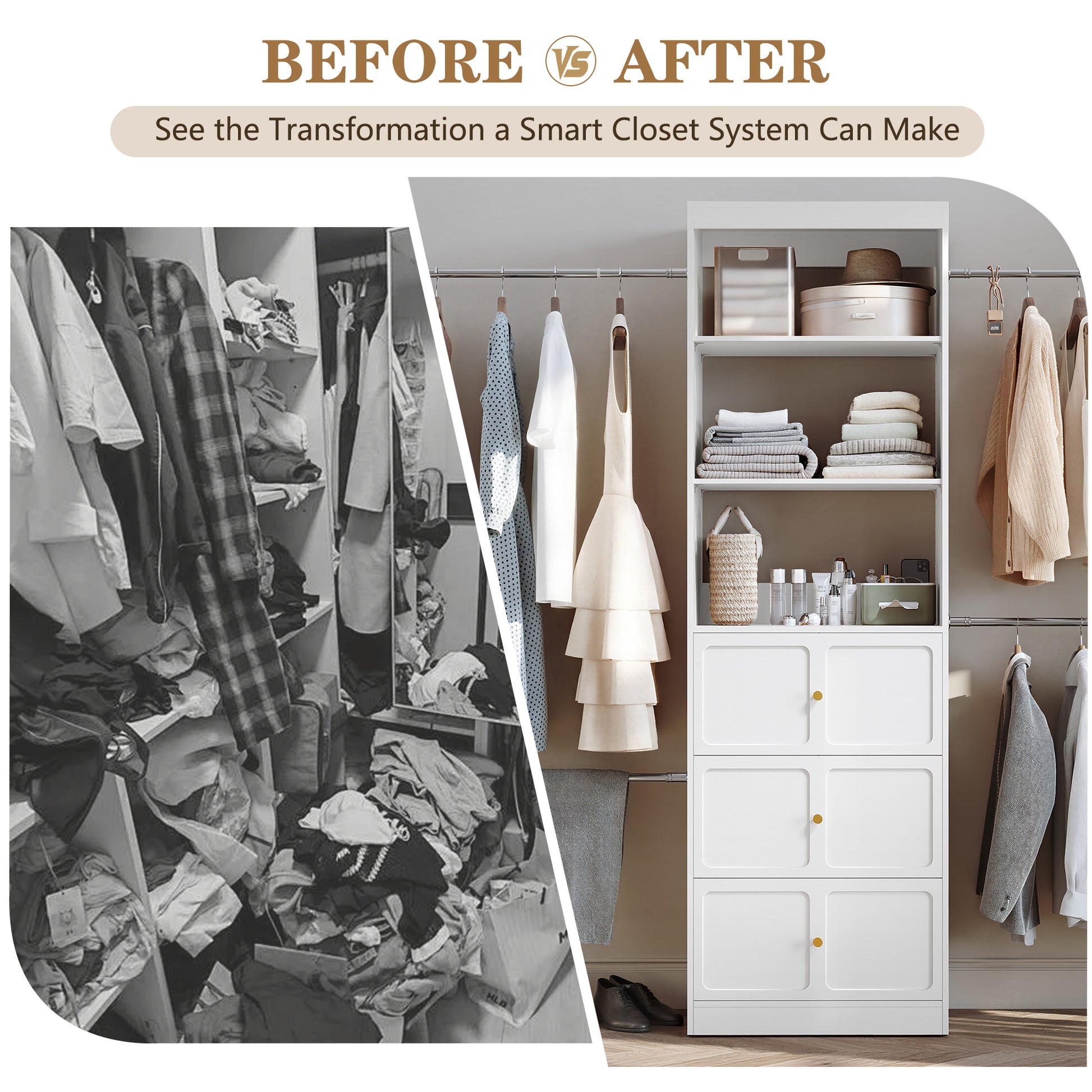 HLR Open Wardrobe Closet System with Adjustable Hanging Rods, Storage Cabinet with Drawers and Shelves, White