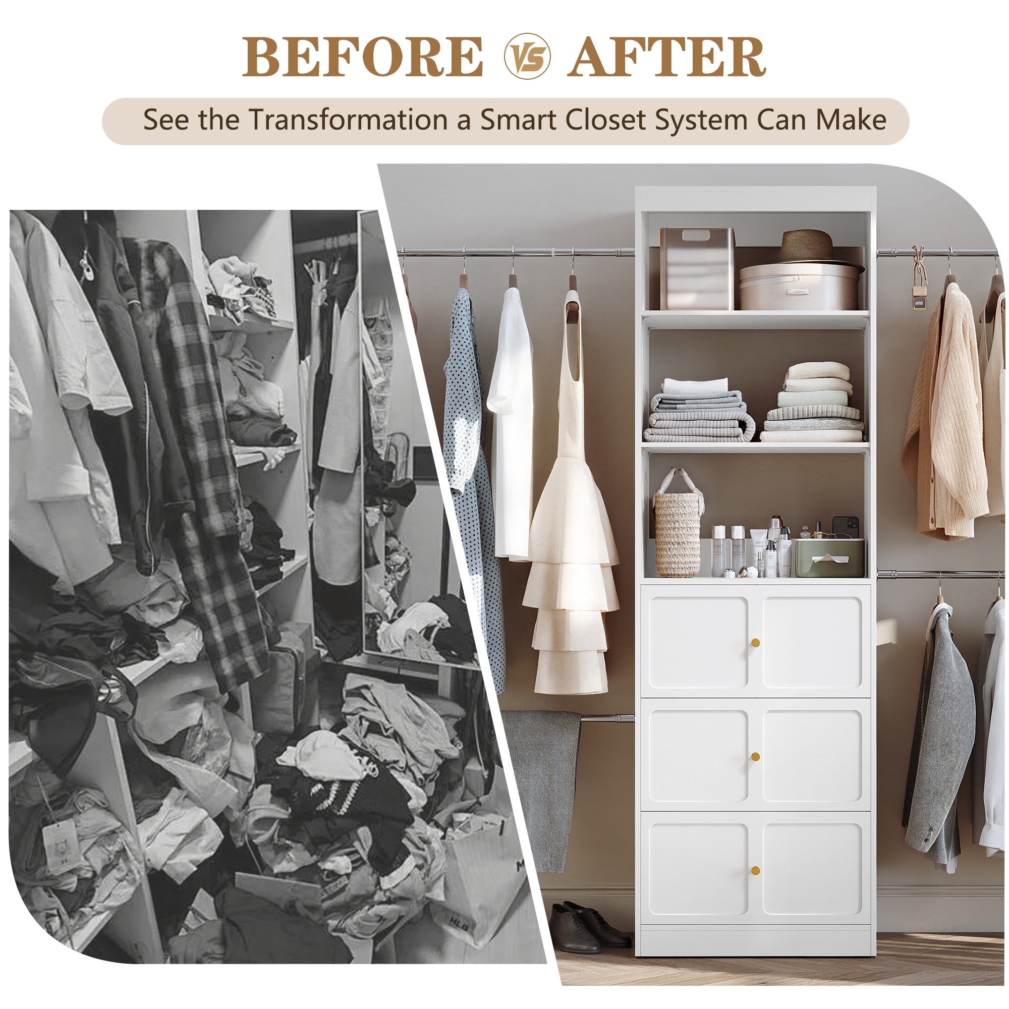 HLR Open Wardrobe Closet System with Adjustable Hanging Rods, Storage Cabinet with Drawers and Shelves, White