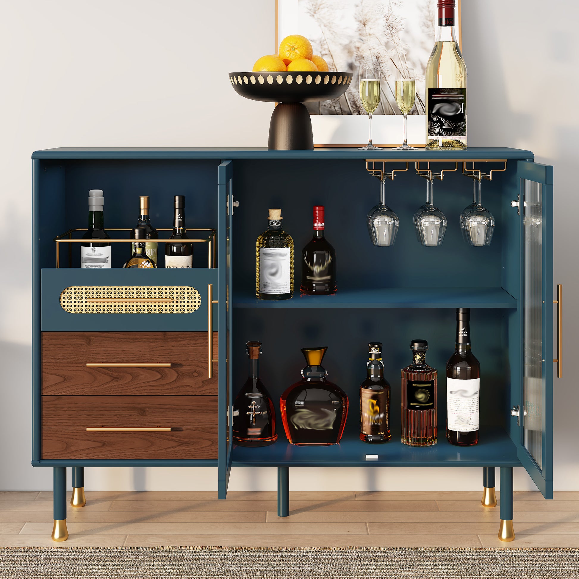 HLR 47.2" Coffee Wine Bar Cabinet with 2 Glass Doors, Modern Buffet Sideboard Table for Dining Room, Blue