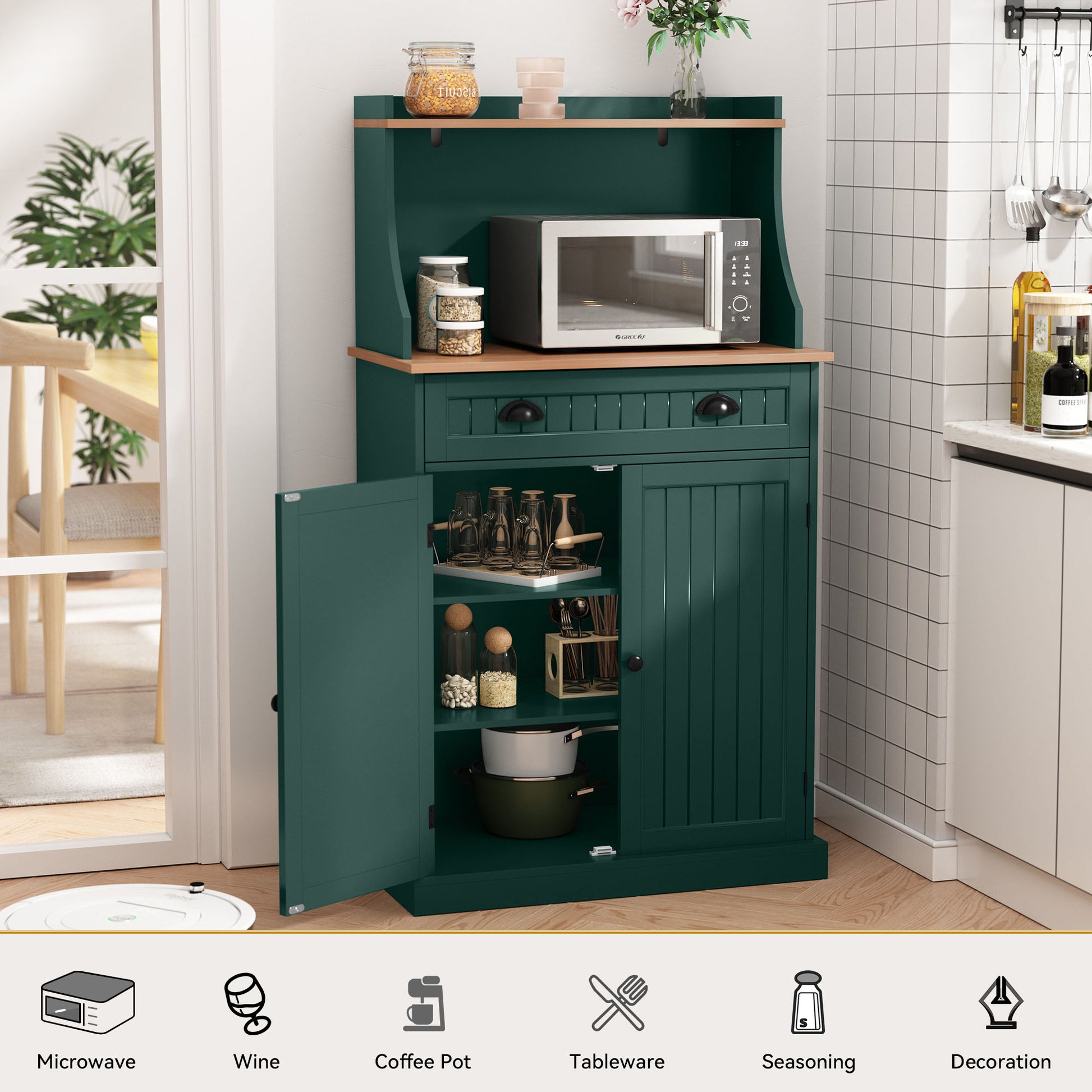 CBJCBJ 54" Kitchen Pantry Cabinet with Door & Shelves, Sideboard Buffet Cabinet with Microwave Stand for Dining Room,Green