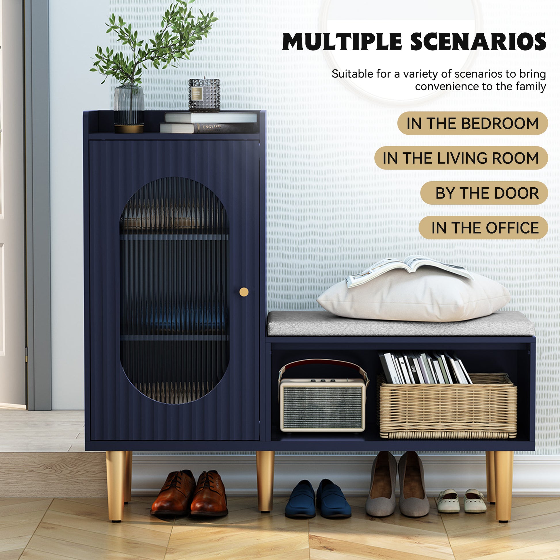 CBJCBJ Modern Storage Bench with Glass Door & Shelf - L-Shaped Entryway Cabinet, Padded Seat for Hallway/Bedroom/Office, Blue