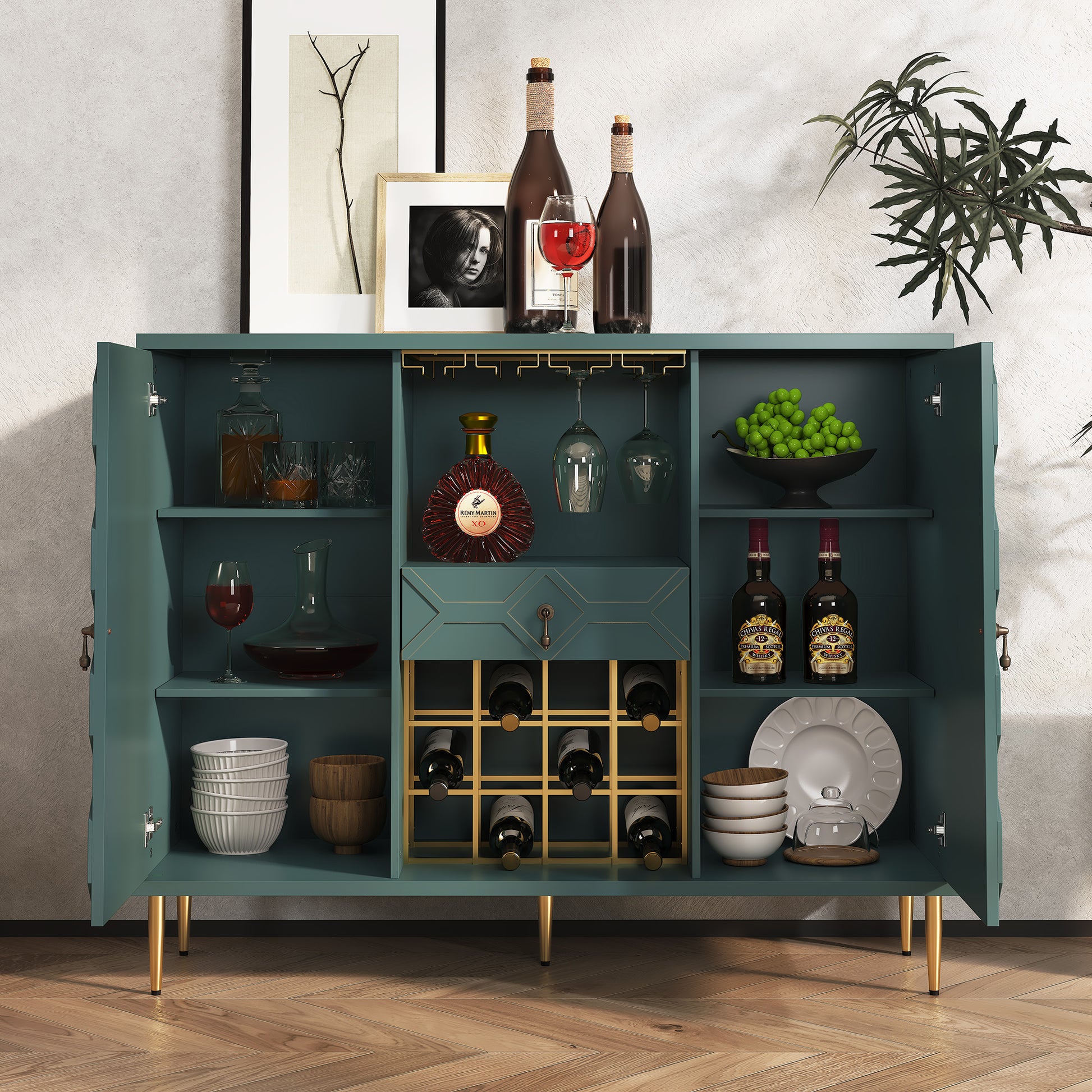 HLR Modern 47.2" Wine Bar Cabinet with Drawer, Geometric Door Buffet Sideboard Coffee Bar for Kitchen, Green