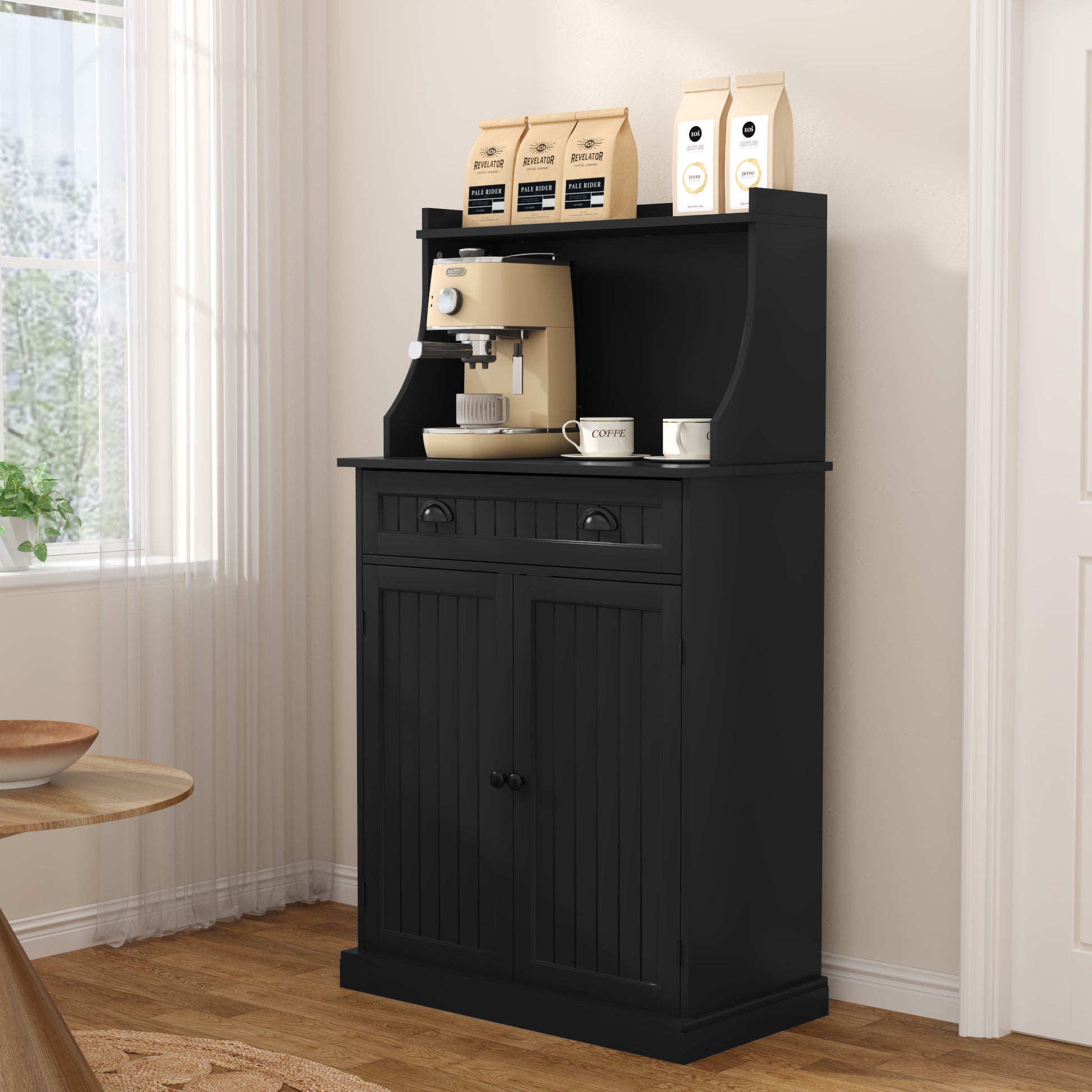 HLR 54" Kitchen Pantry Cabinet with Door & Shelves, Sideboard Buffet Cabinet with Microwave Stand for Dining Room, Black