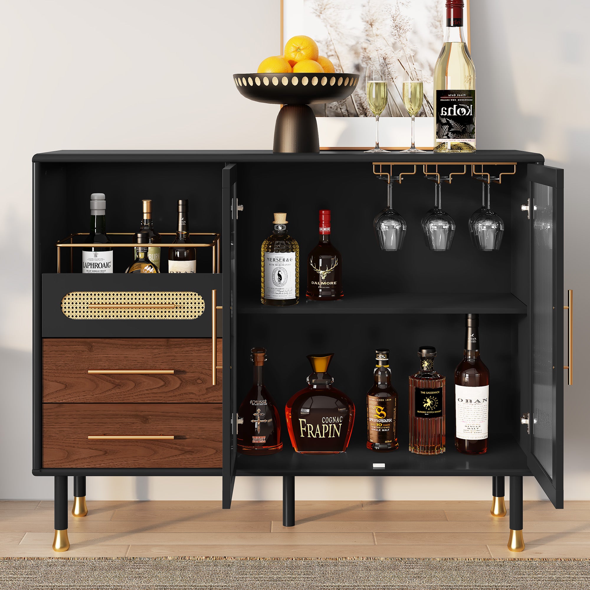 HLR 47.2" Coffee Wine Bar Cabinet with 2 Glass Doors, Modern Buffet Sideboard Table for Dining Room, Black
