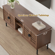 CBJCBJ Modern Mid Century 55" TV Stand for 65" TV, Entertainment Center with Storage and Openwork Cabinet Doors, Walnut
