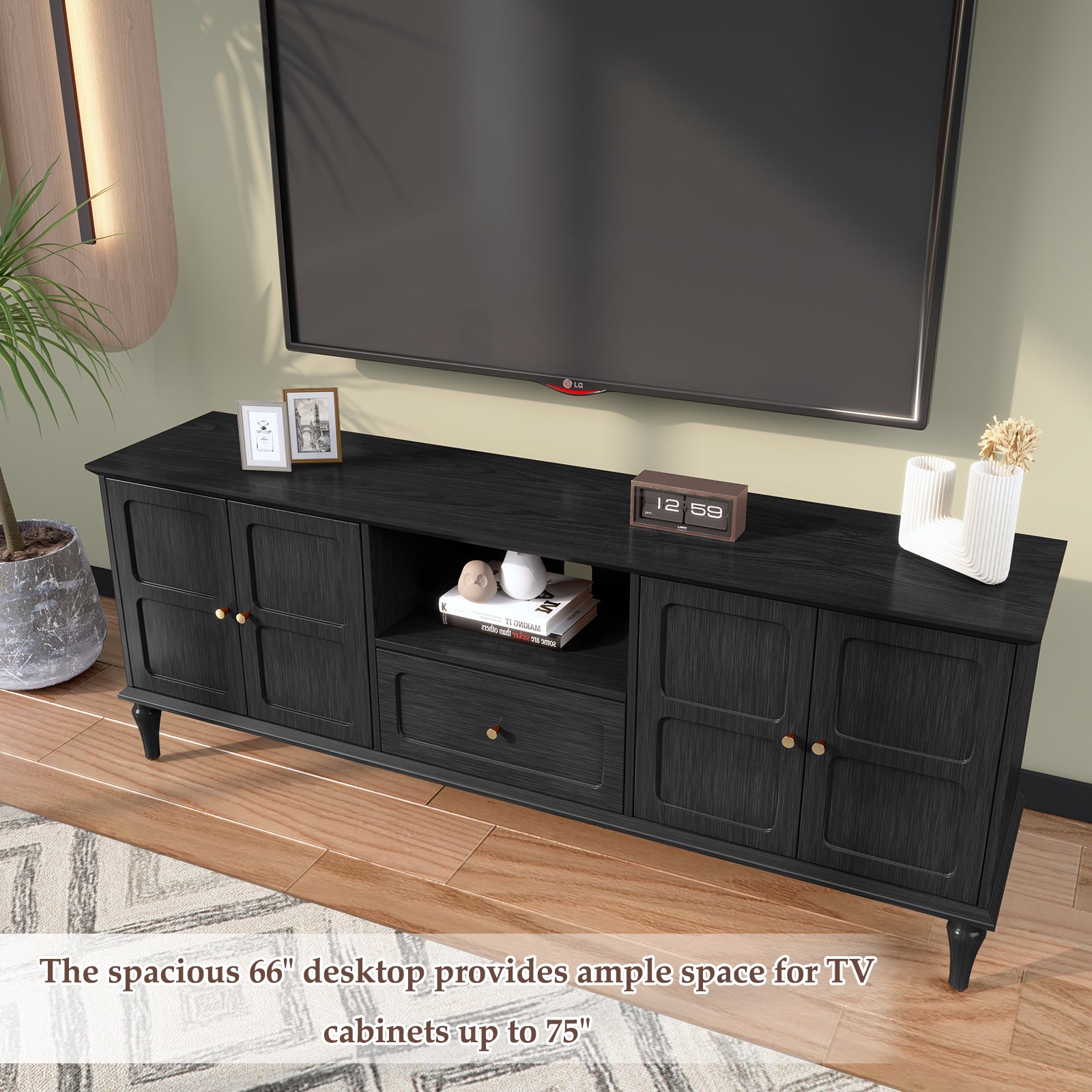HLR Mid Century 67" TV Stand, for TVs up to 75", Living Room Entertainment Center with 4 Door Storage Cabinet, Black