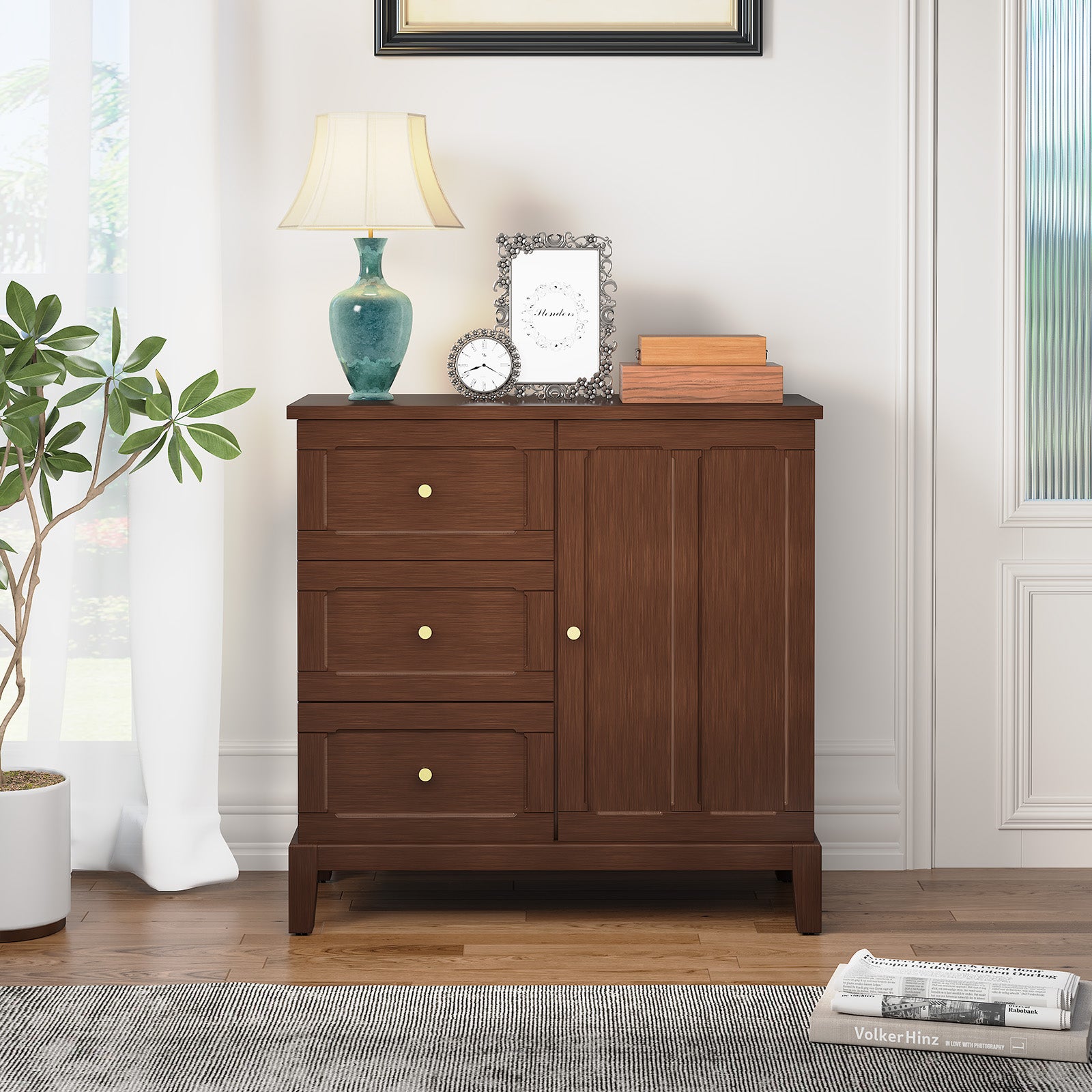 CBJCBJ 31.7"Storage Cabinet, Classical 3 Drawers & 1 Door Design with Gold-Tone Handles, Multi-Use Organizer for Living Room, Kitchen, Bathroom（Brown)
