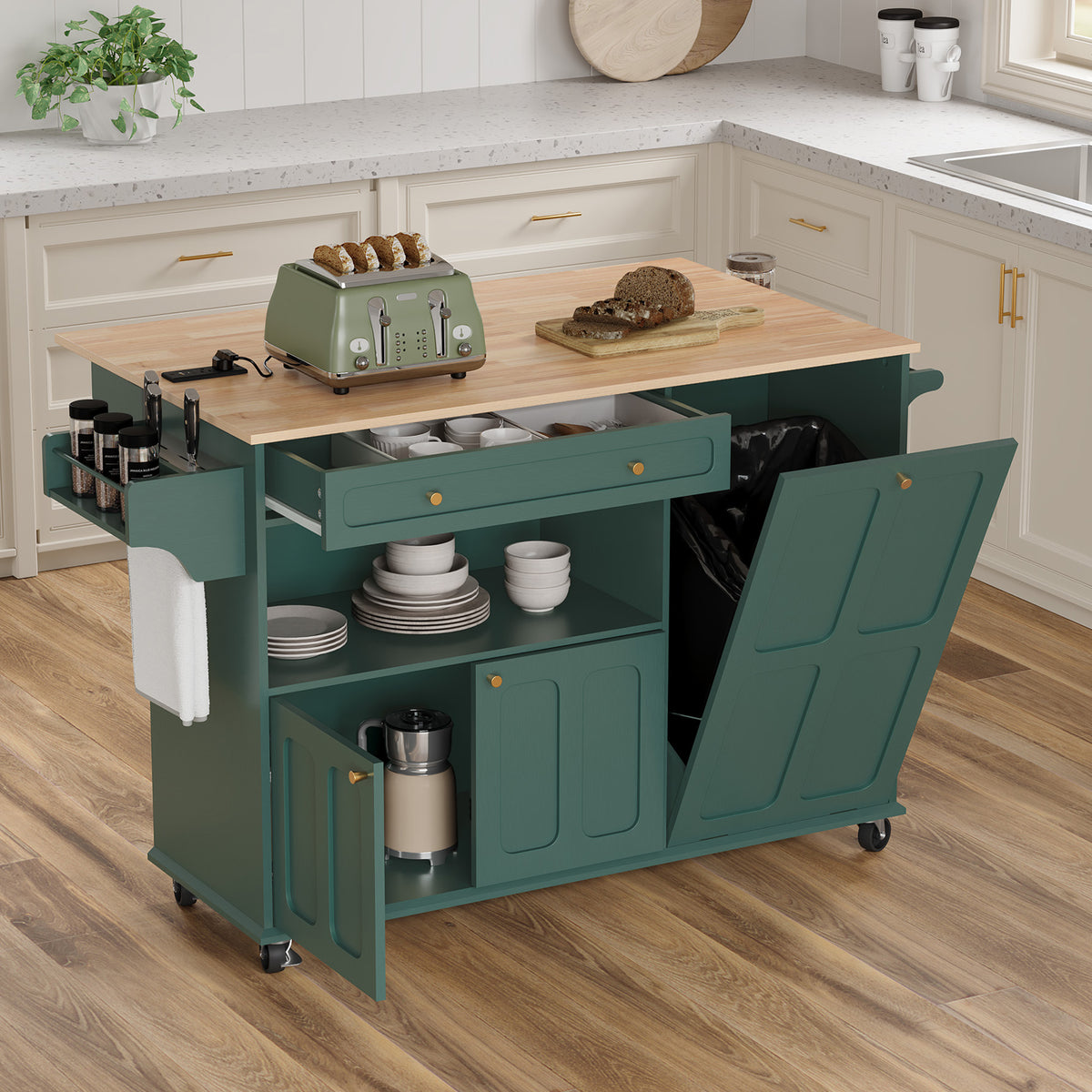 HLR Mid-Century 60" Kitchen Island with Trash Can Storage, Rolling Island Table, Green