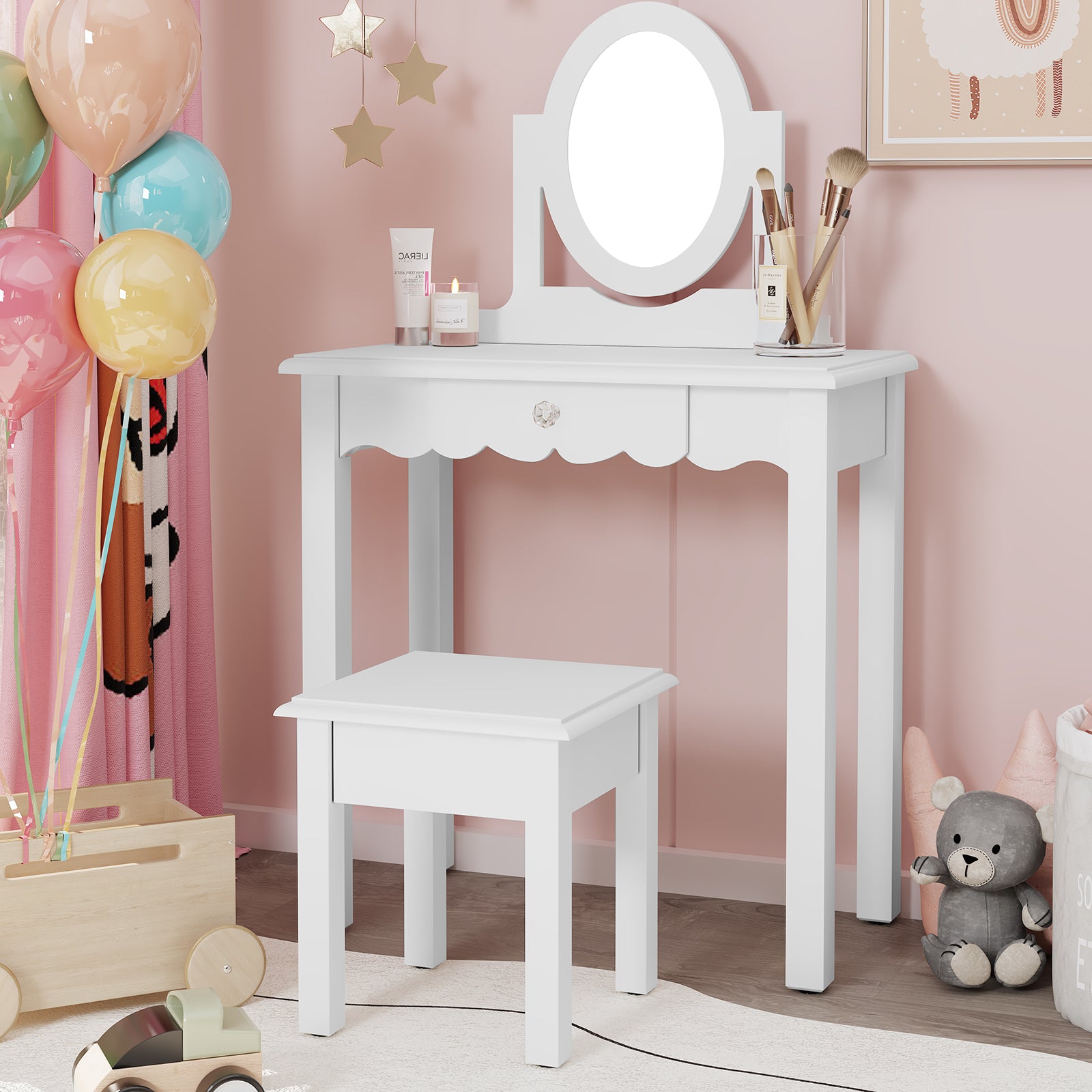 CBJCBJ Kids Vanity Set with Mirror and Stool（Detachable Top）, Wooden 2 in 1 Princess Makeup Desk Dressing Table