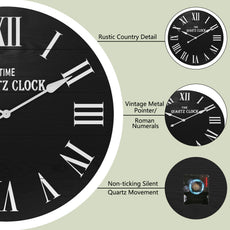 HLR 35.5” Farmhouse Large Shiplap Round Wall Clock with Roman Numeral for Living Room Decor, Black