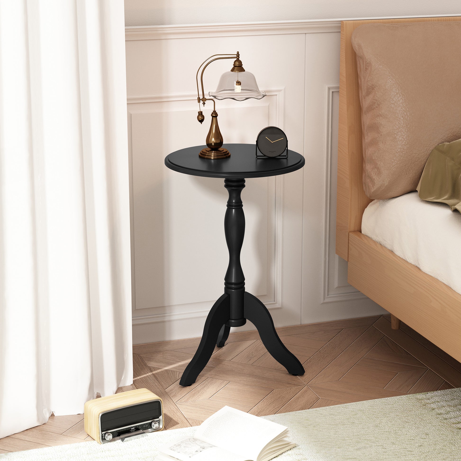 HLR Round Small End Table Set of 2, Wooden Pedestal Side Coffee Table, 2pcs Vintage Accent Nightstand for Living Room, Bedroom, Entryway, Black