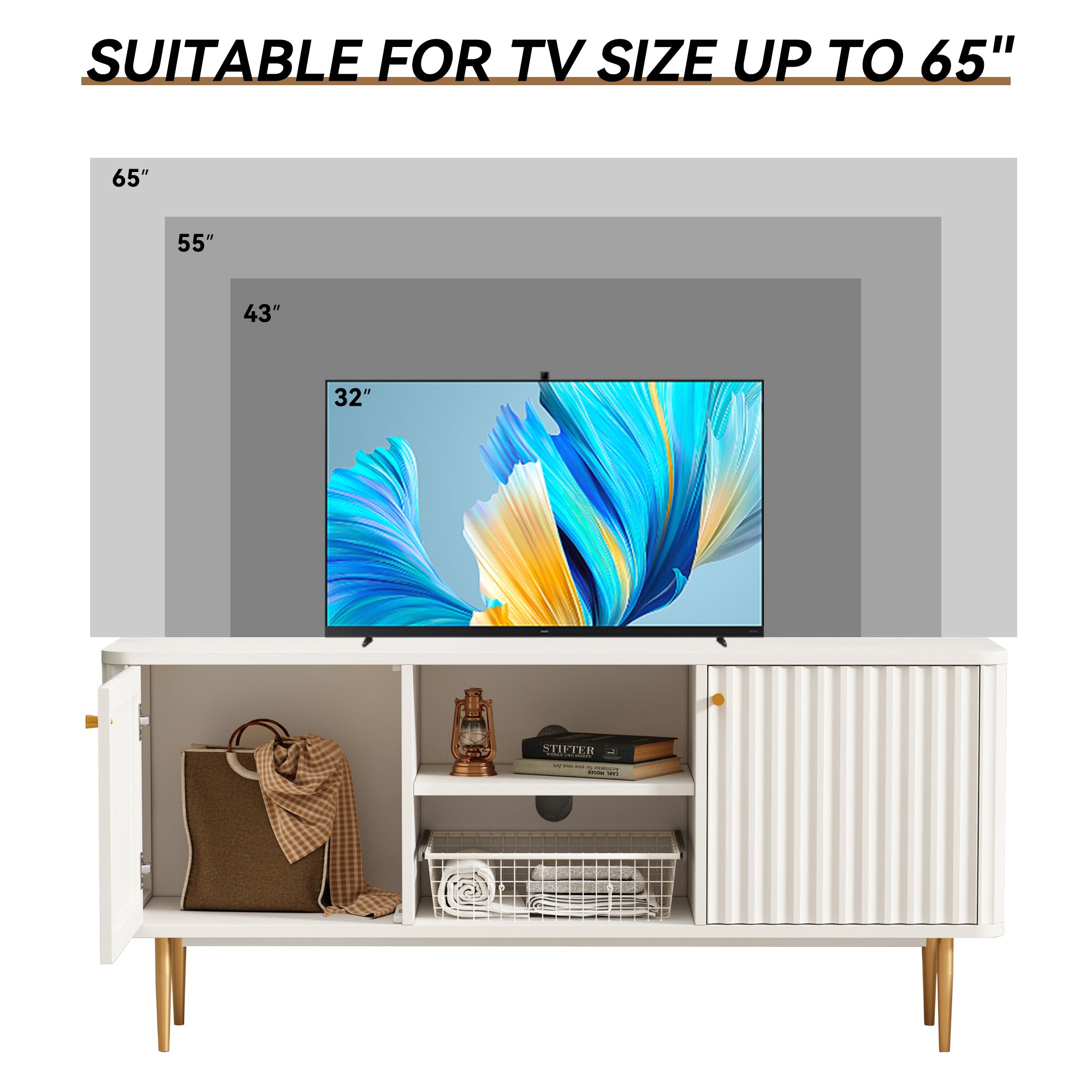 HLR Modern Fluted 55" TV Stand for 65 Inch TV with Storage, Entertainment Center for Living Room, White