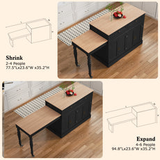 CBJCBJ Modern Extendable Kitchen Islands on Wheels with Power Outlet, Dining Table Cart with 4 Doors Storage, Black