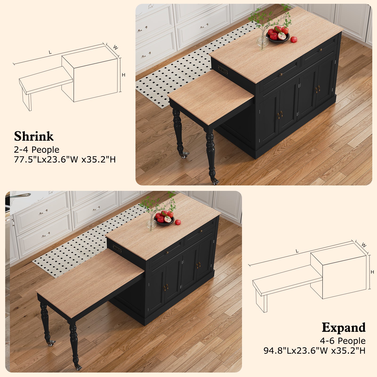 CBJCBJ Modern Extendable Kitchen Islands on Wheels with Power Outlet, Dining Table Cart with 4 Doors Storage, Black