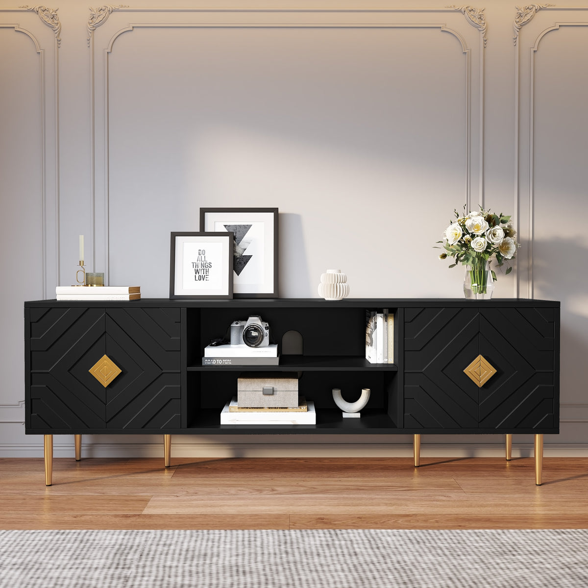HLR Modern 70" TV Stand, for TVs up to 80", Living Room Entertainment Center with 4 Door Storage Cabinet, Black