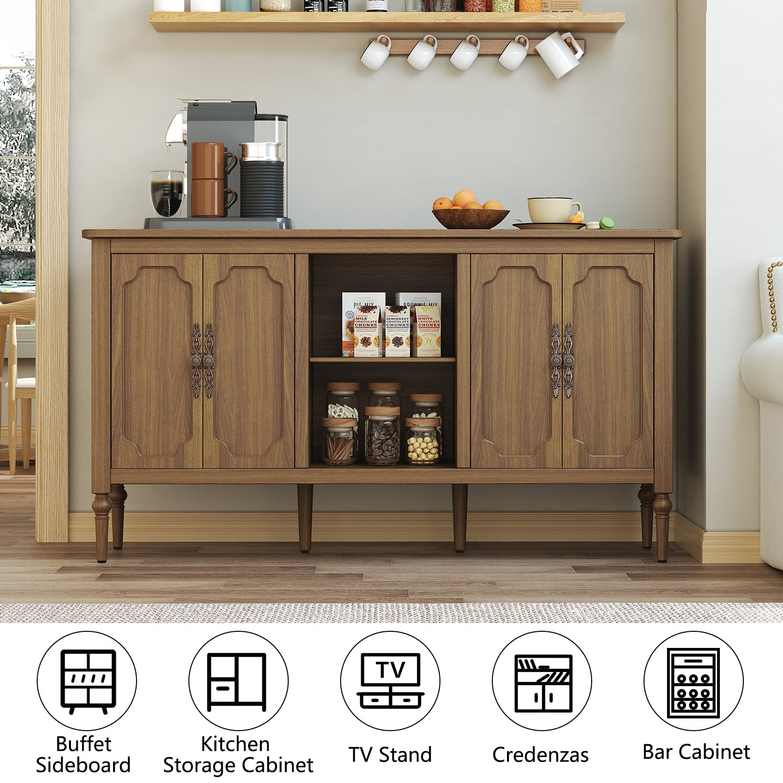 HLR 59" Mid Century Modern Sideboard Buffet Cabinet with 4 Doors, Brown Cabinet with Shelf, Vintage Large Sid