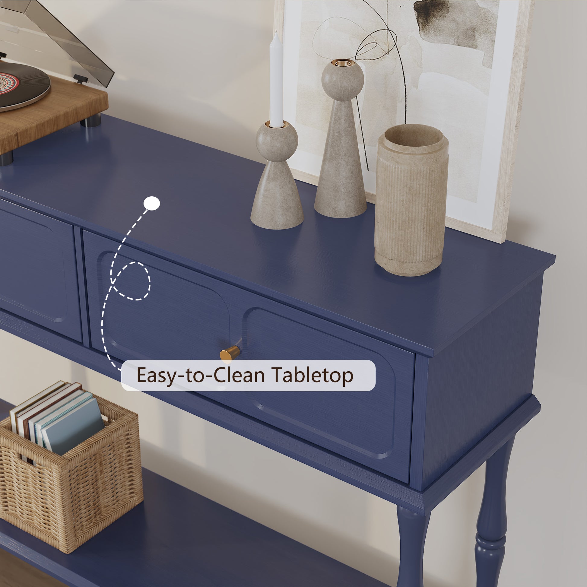 HLR 42" Mid Century Console Table, Aged Finish Entryway Table with Storage Shelf for Hallway, Navy Blue
