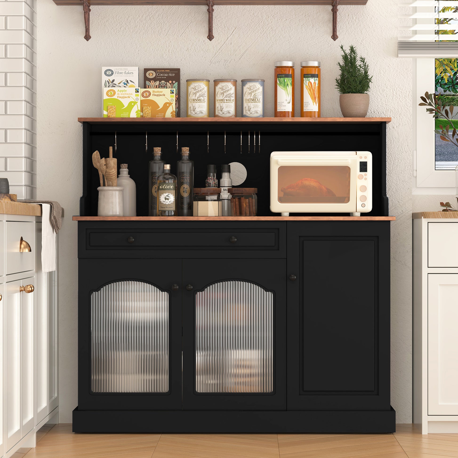 HLR 48" Modern Wood Kitchen Pantry Cabinet, Coffee Bar with Drawer & Microwave Stand, Dining Room, Black