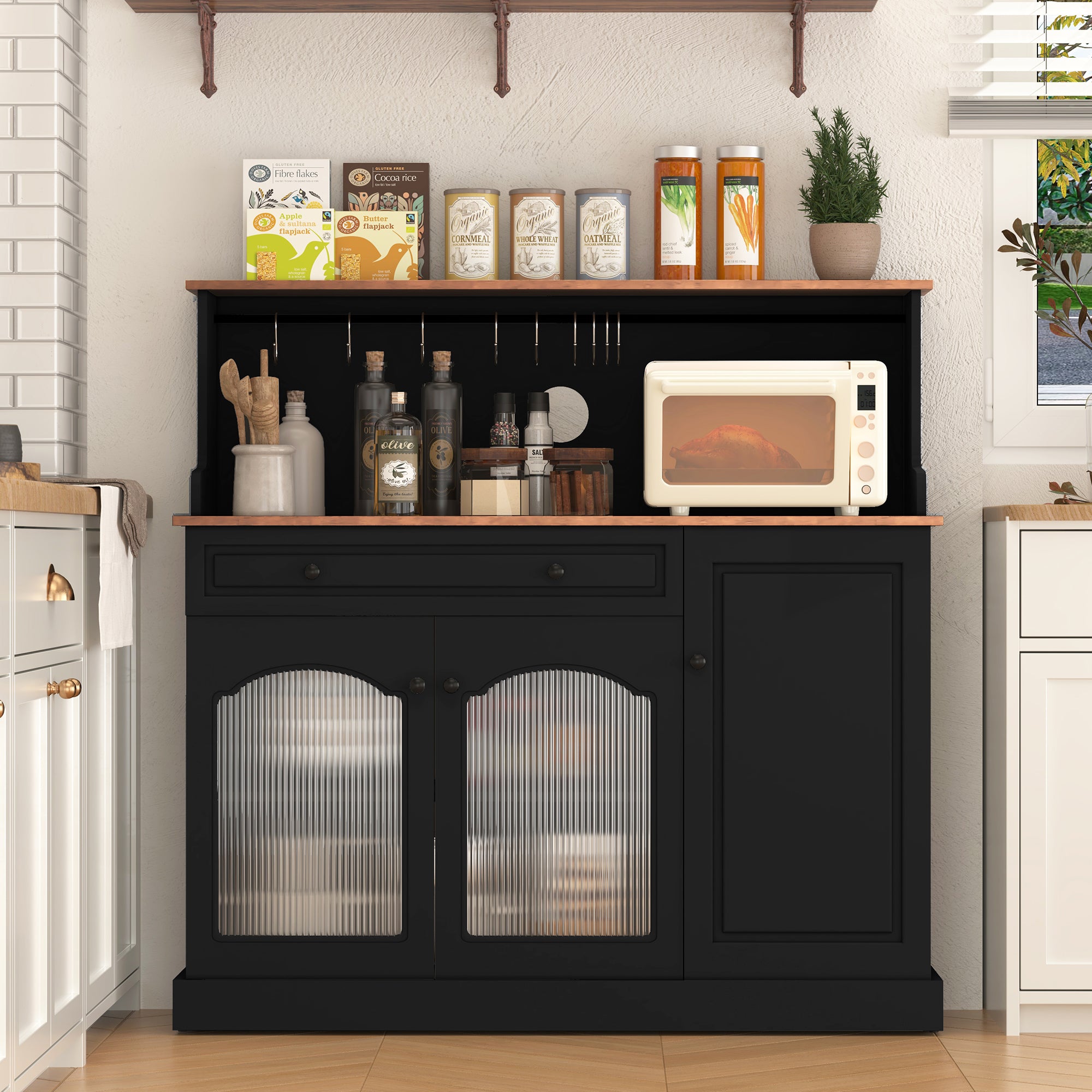 HLR 48" Modern Wood Kitchen Pantry Cabinet, Coffee Bar with Drawer & Microwave Stand, Dining Room, Black