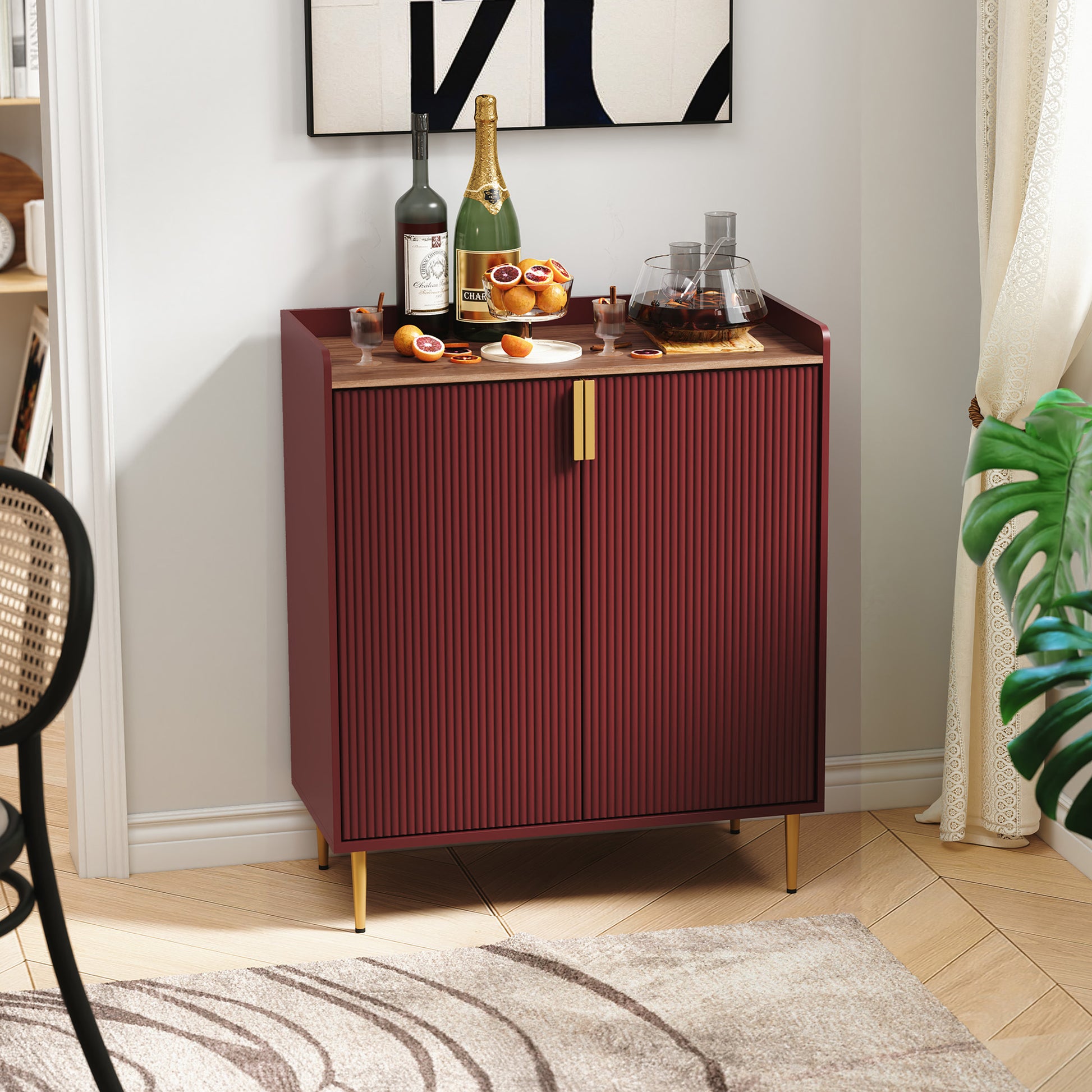 HLR 32"W Wine Bar Cabinet with 2 Door Fluted Texture, Modern Coffee Cabinet with Rack&Glass Holder,Red