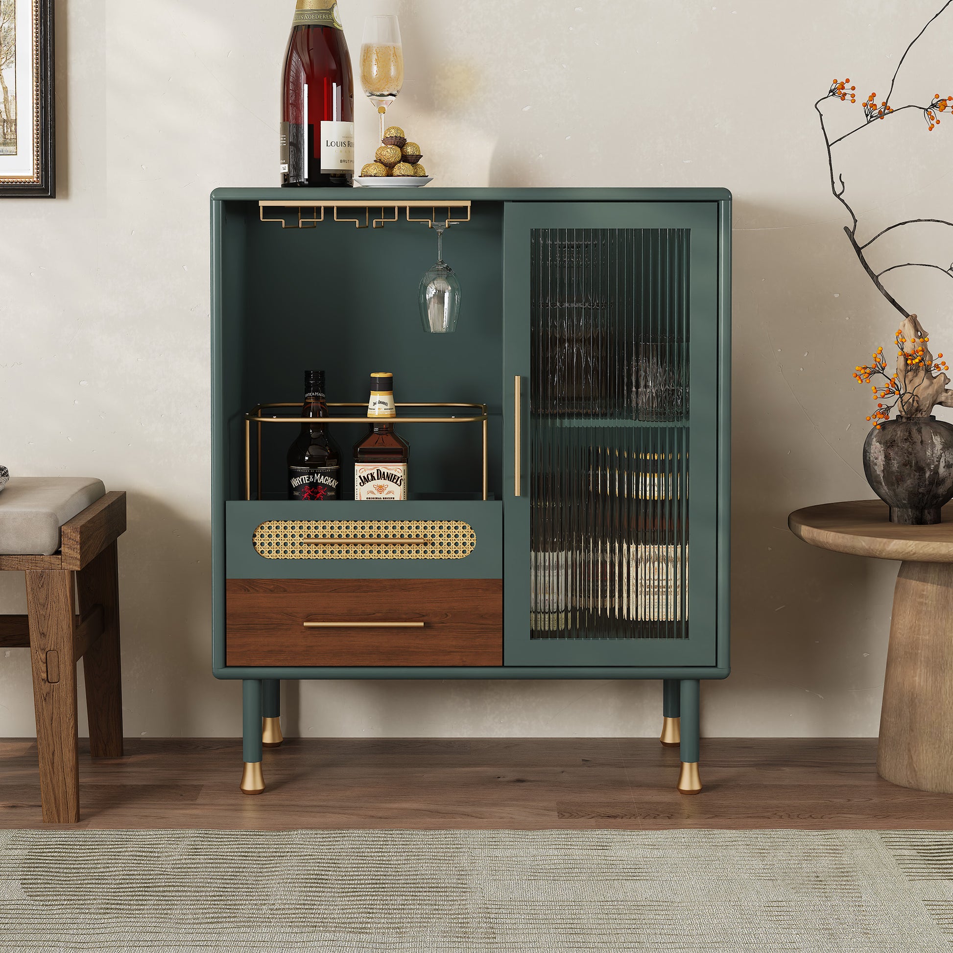 HLR 31.5"W Modern Wine Storage Cabinet with Pull-Out Rack & Tempered Glass Doors – Compact Coffee Bar for Kitchen, Dining Room, Apartment,Green