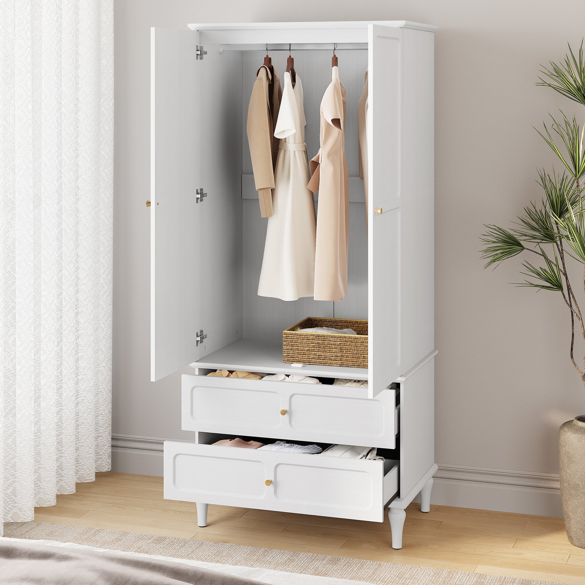 HLR 71" Tall Modern Wood Armoire Wardrobe Closet, Freestanding Cabinet with Hanging Rod for Bedroom, White