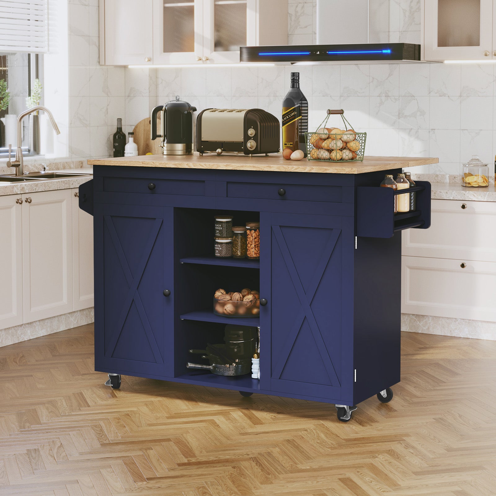 CBJCBJ 51.7" Rolling Kitchen Island Foldable, Adjustable Shelf & 2 Storage Doors - Mobile Kitchen Cart, Breakfast Bar with Storage (Navy Blue)