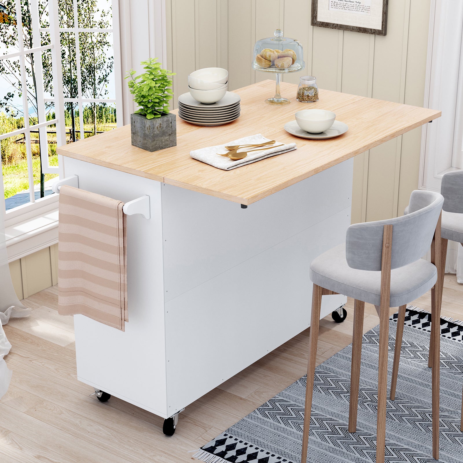 CBJCBJ 50.4" Kitchen Island with Storage, Wood Top Cart with Drop Leaf and Wheels, White