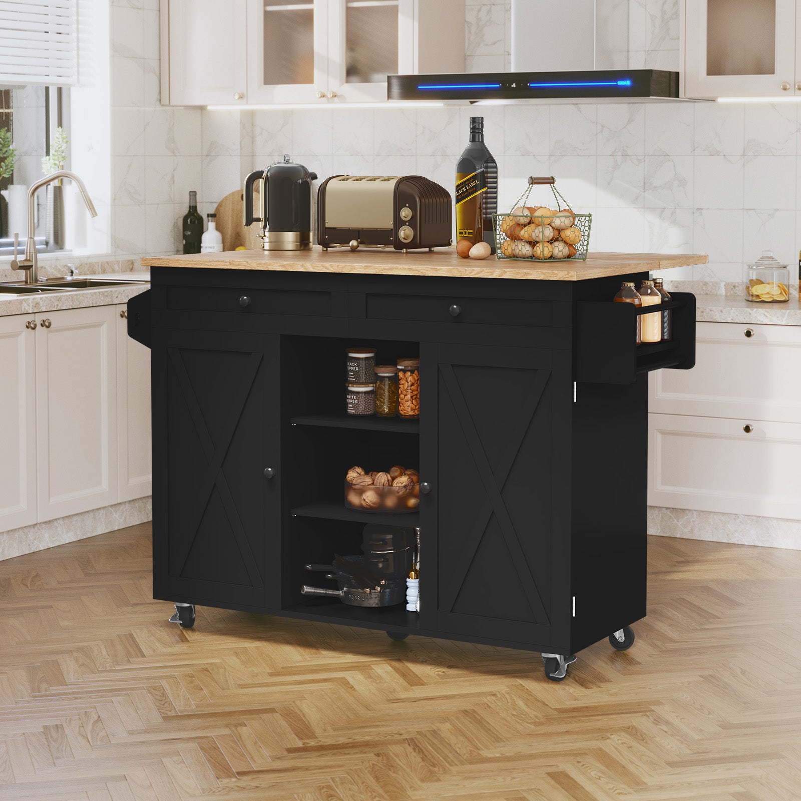 CBJCBJ 51.7" Rolling Kitchen Island Foldable, Adjustable Shelf & 2 Storage Doors - Mobile Kitchen Cart, Breakfast Bar with Storage (Black)