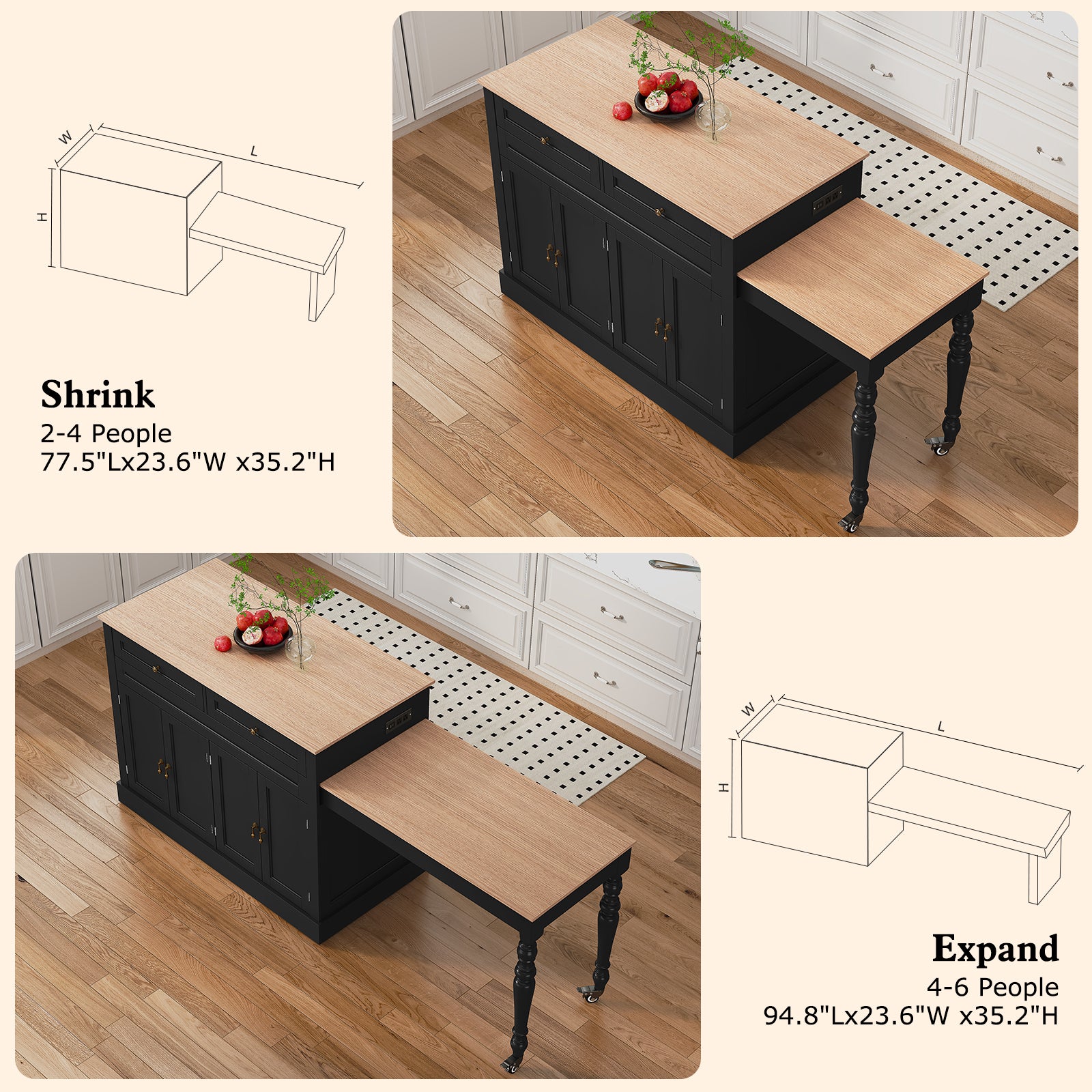CBJCBJ Modern Extendable Kitchen Islands on Wheels with Power Outlet, Dining Table Cart with 4 Doors Storage,