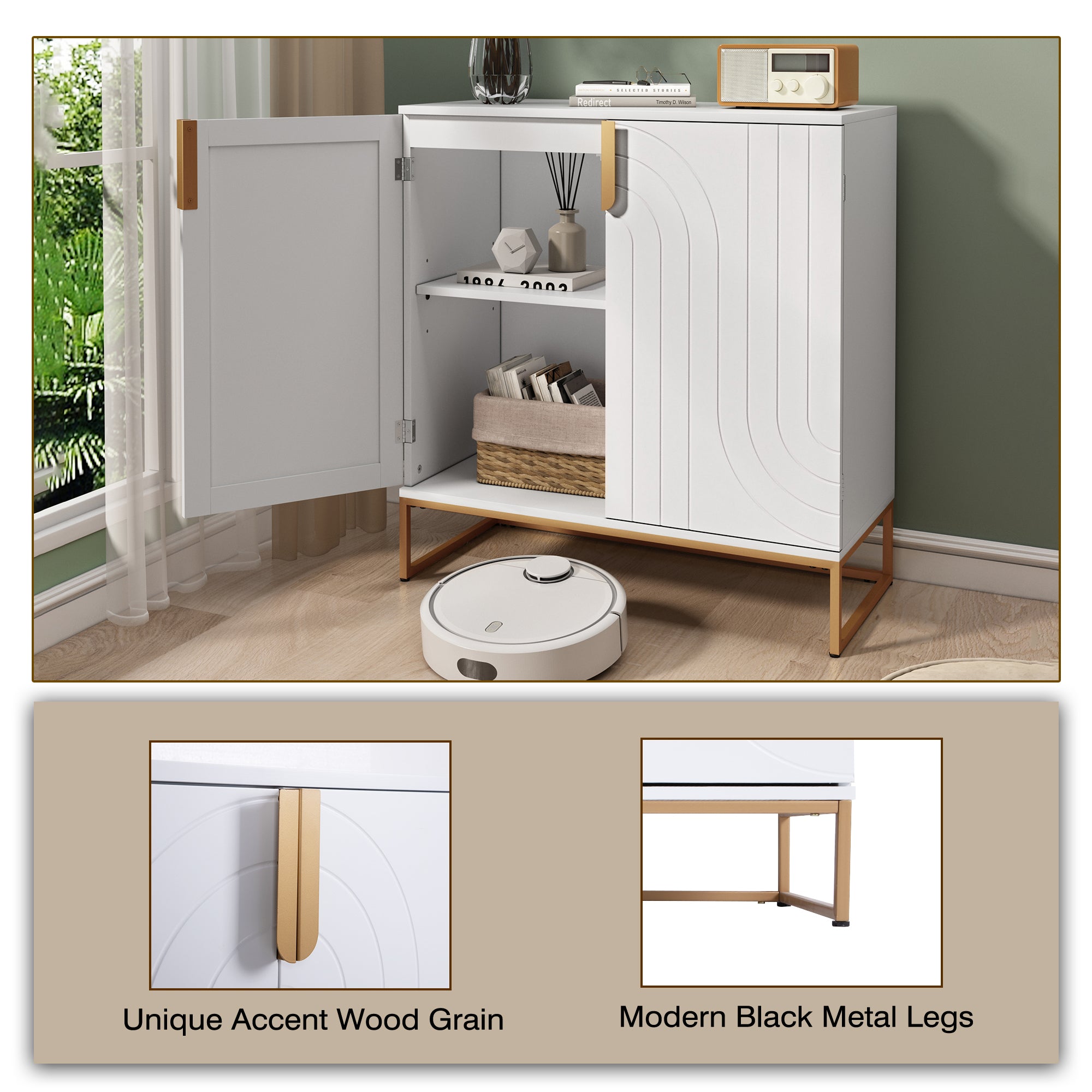 HLR 31.7" Kitchen Wood Accent Cabinet with 2 Doors, Sideboard with Storage for Dining Room, White