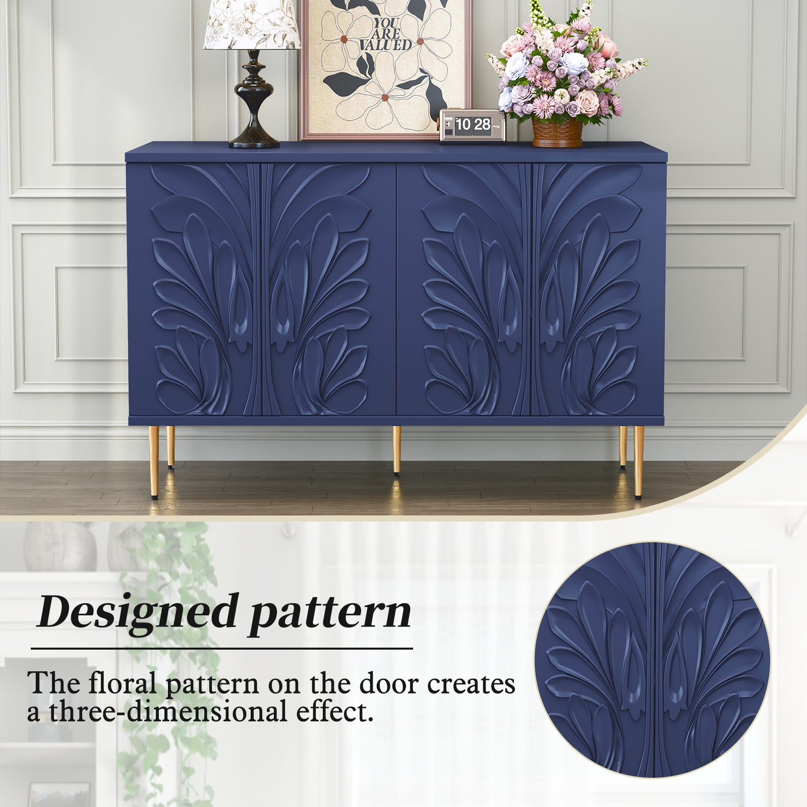 CBJCBJ 47.24"W Modern 4-Door Credenza with 3D Floral Doors & Shelves, Storage Sideboard for Dining Room, Kitchen,Blue