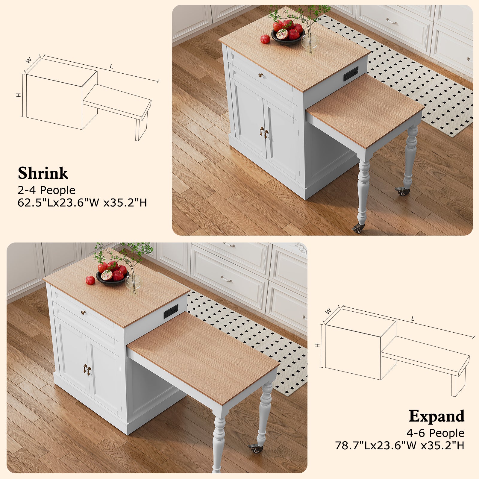 CBJCBJ Modern Extendable Kitchen Islands on Wheels with Power Outlet, Dining Table Cart with 2 Doors Storage