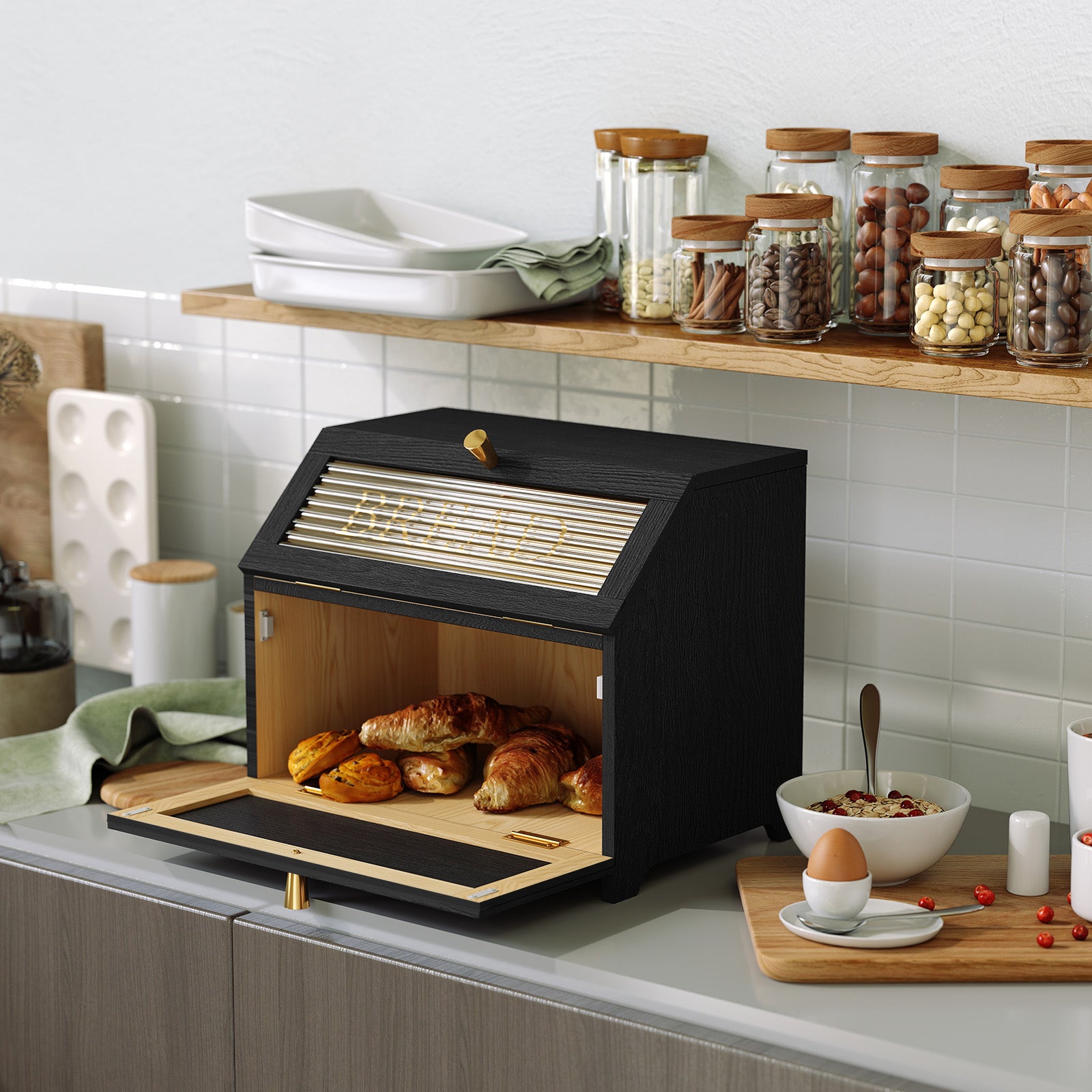 CBJCBJ 15.1" Gold-Trimmed Wooden Bread Box, Double Layer Kitchen Counter Organizer, Vintage Farmhouse Storage