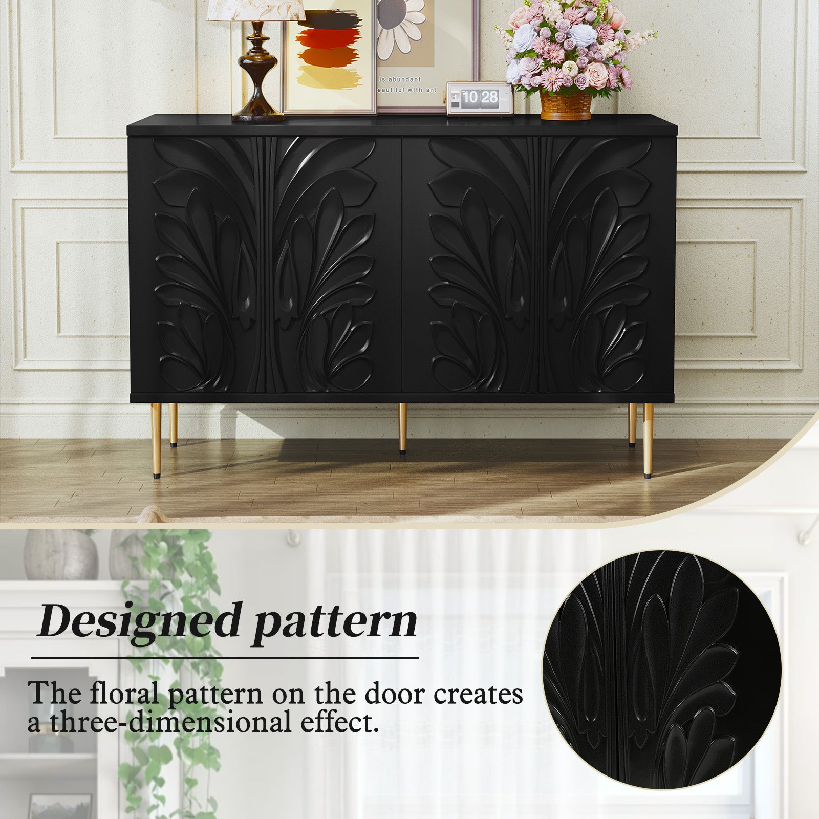 CBJCBJ 47.24"W Modern 4-Door Credenza with 3D Floral Doors & Shelves, Storage Sideboard for Dining Room, Kitchen Black