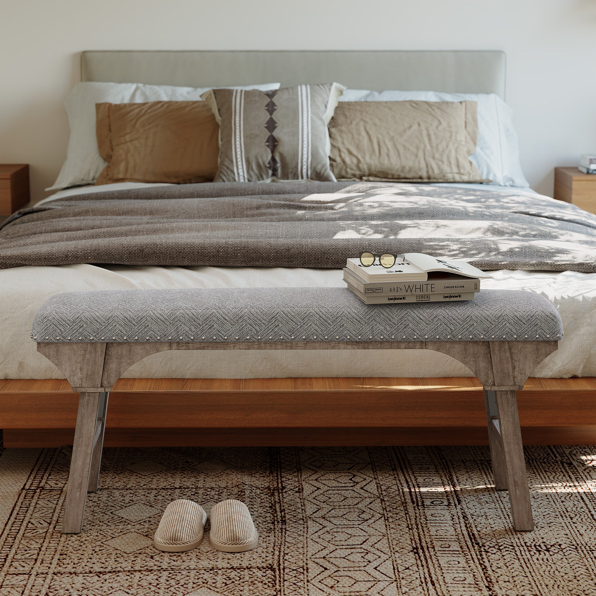 HLR 44" Modern Bedroom Benches, Upholstered Entryway Bench/End of Bed Bench for Living Room, Gray