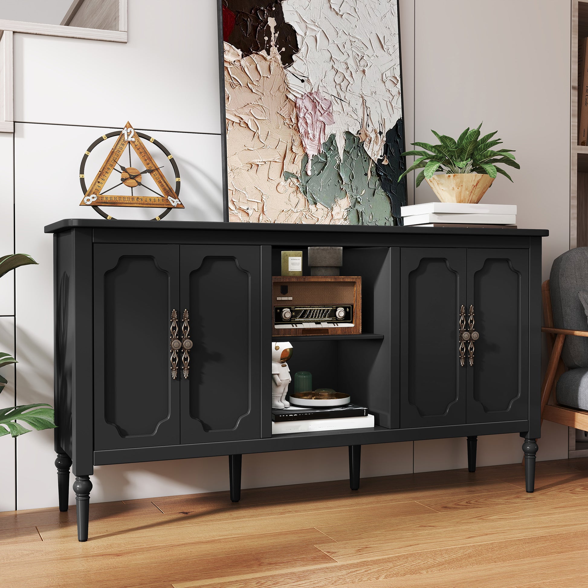 HLR 59" Mid Century Modern Storage Cabinet with Shelf, Vintage Large Sideboard Buffet Cabinet with 4 Doors, Black