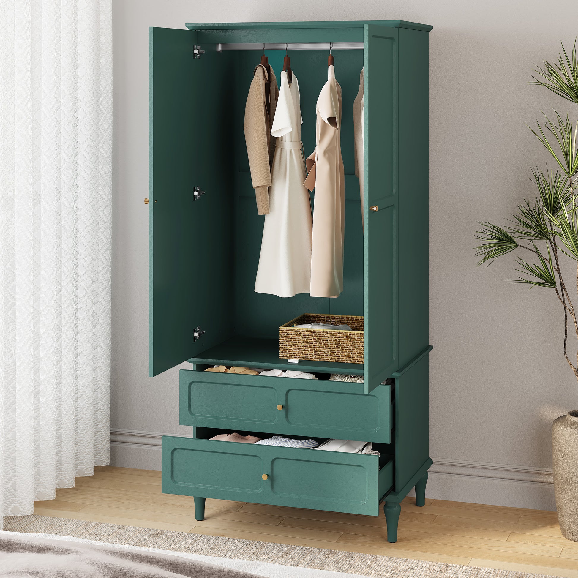 HLR 71" Tall Modern Wood Armoire Wardrobe Closet, Freestanding Cabinet with Hanging Rod for Bedroom, Green
