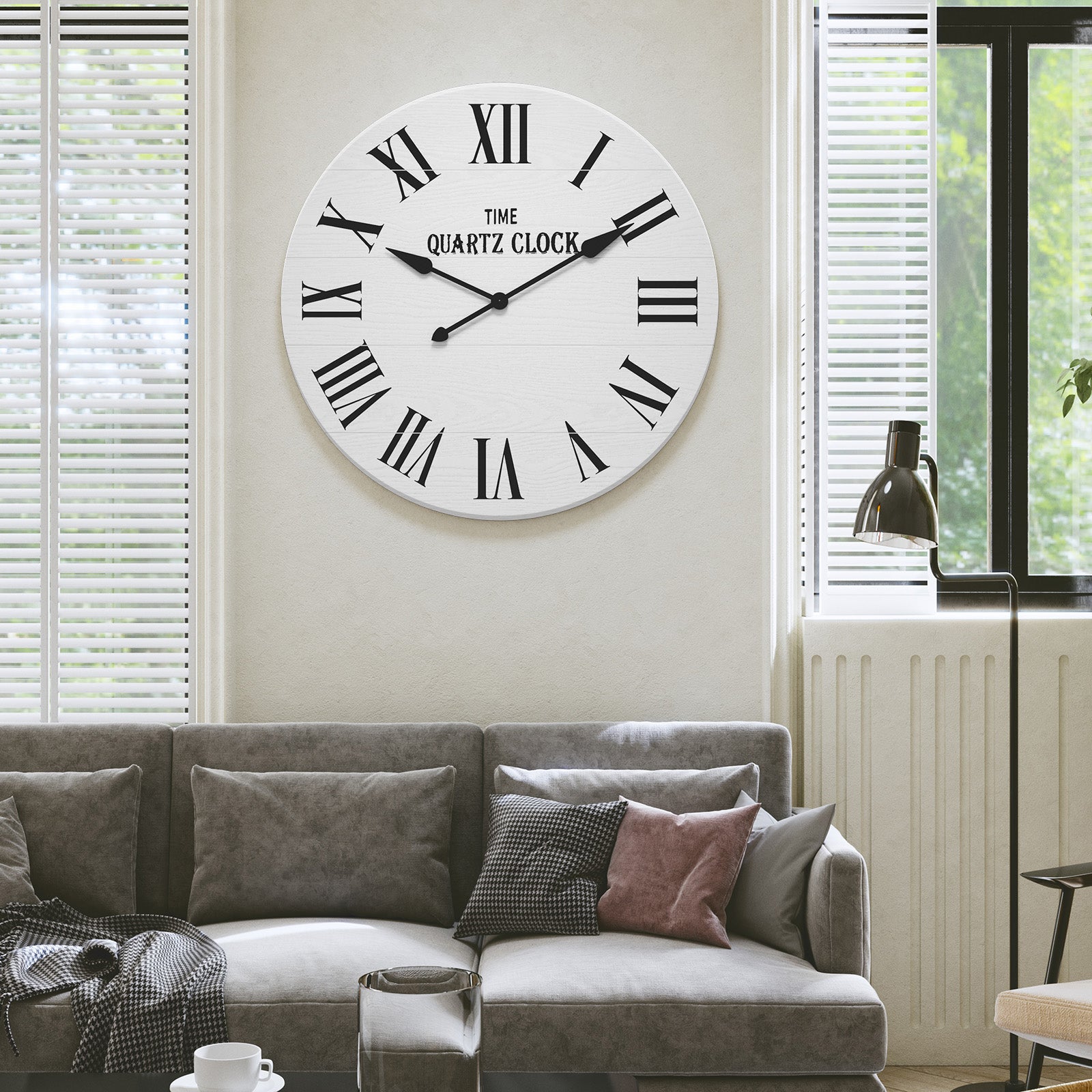 HLR 35.5” Farmhouse Large Shiplap Round Wall Clock with Roman Numeral for Living Room Decor, White